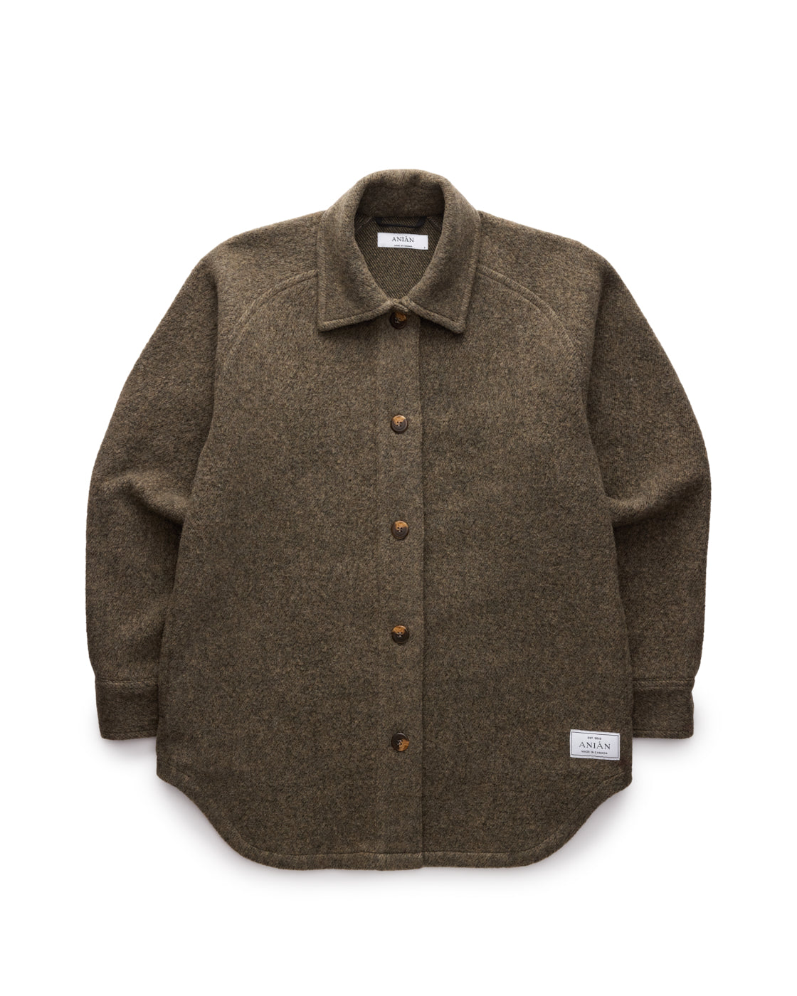 Brown textured wool loft coat by Anian with button front, shirt collar, oversized relaxed fit and hem label in Kelowna