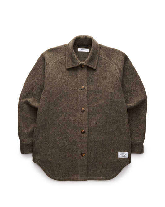 Brown textured wool loft coat by Anian with button front, shirt collar, oversized relaxed fit and hem label in Kelowna