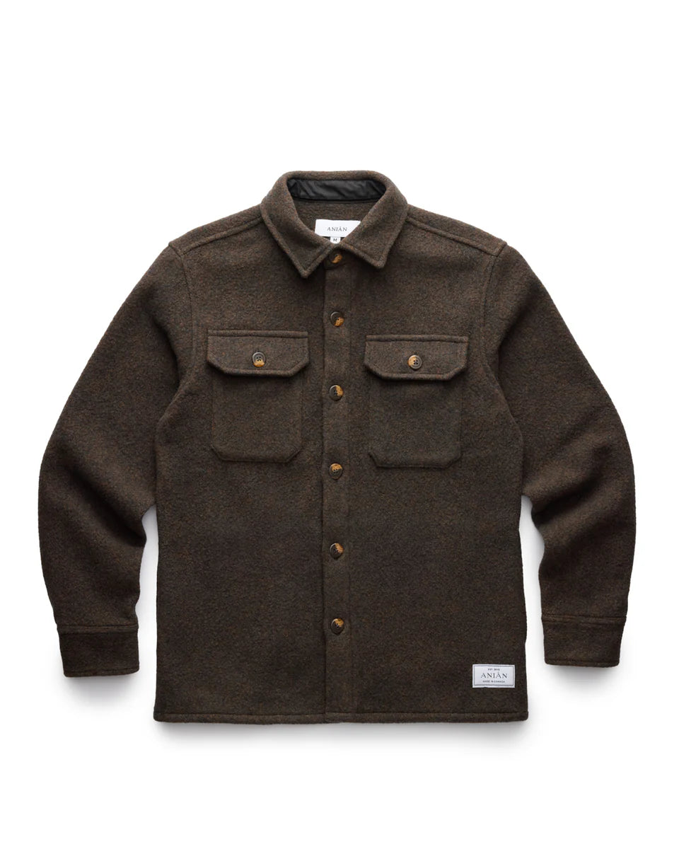 Anian mens wool coat brown button front shirt jacket with two chest flap pockets and collar in Kelowna