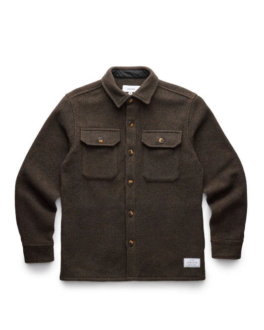 Anian mens wool coat brown button front shirt jacket with two chest flap pockets and collar in Kelowna