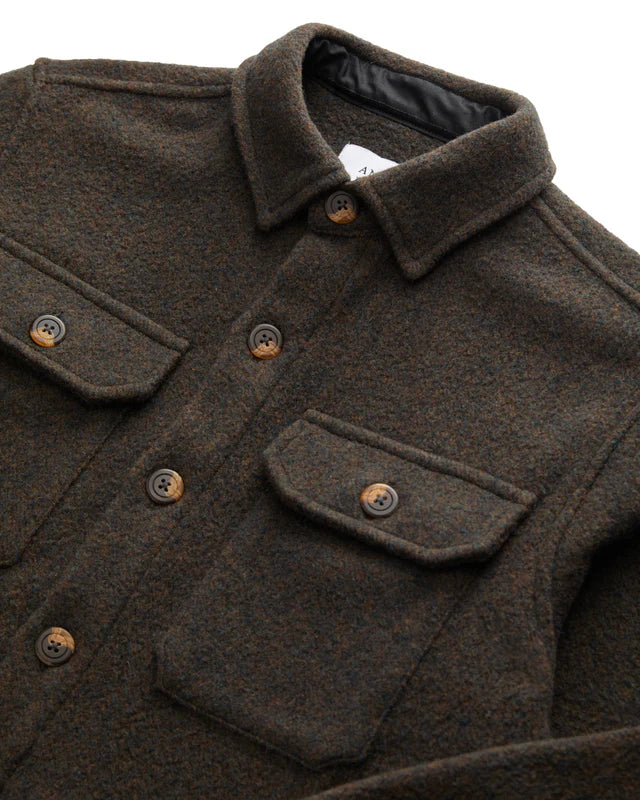 Anian mens wool coat in olive brown textured fabric with button front and chest pockets in Kelowna