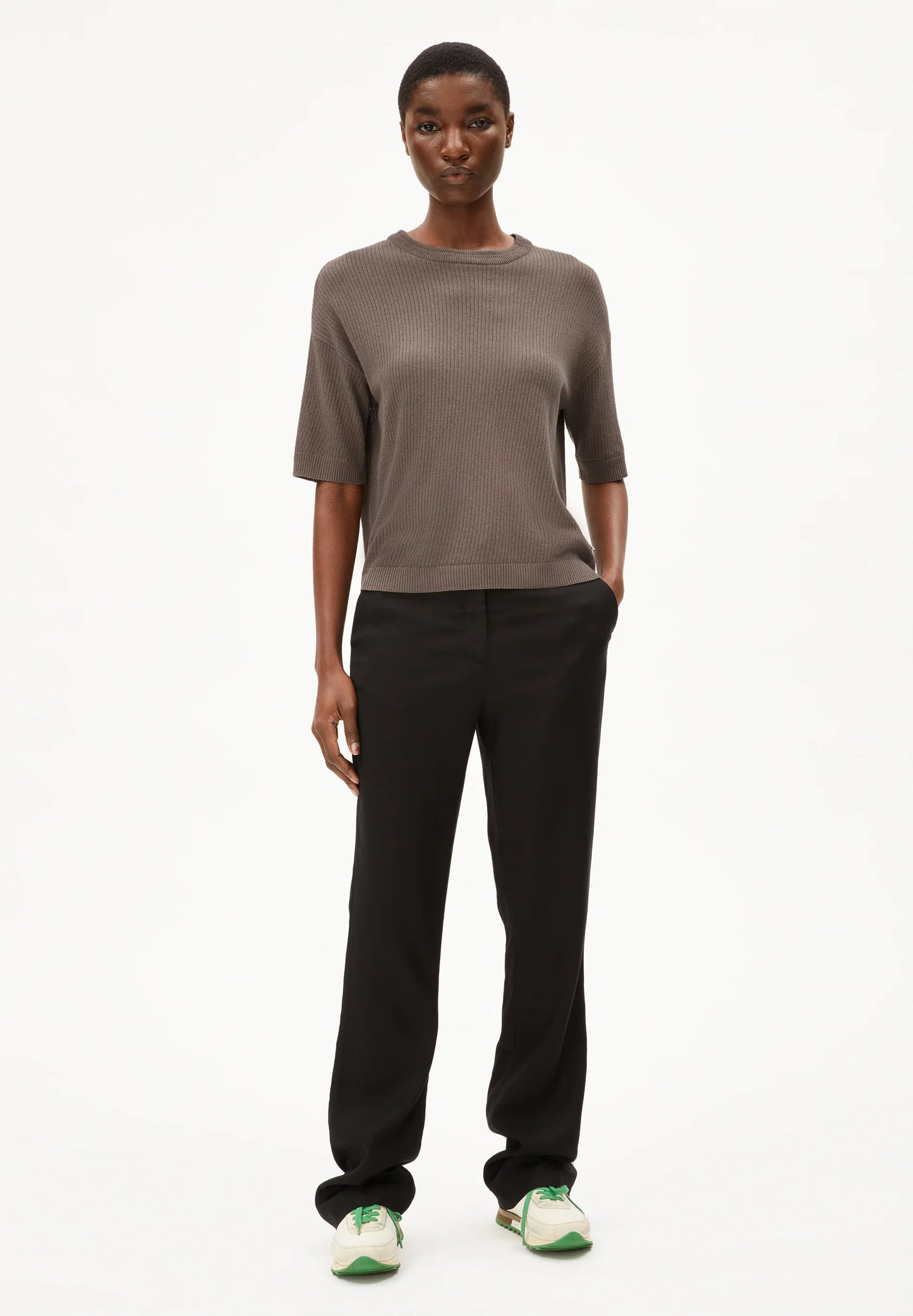 ARMEDANGELS Canada Women's Knit Top in Grey with Short Sleeves and Relaxed Fit in Kelowna and Canada
