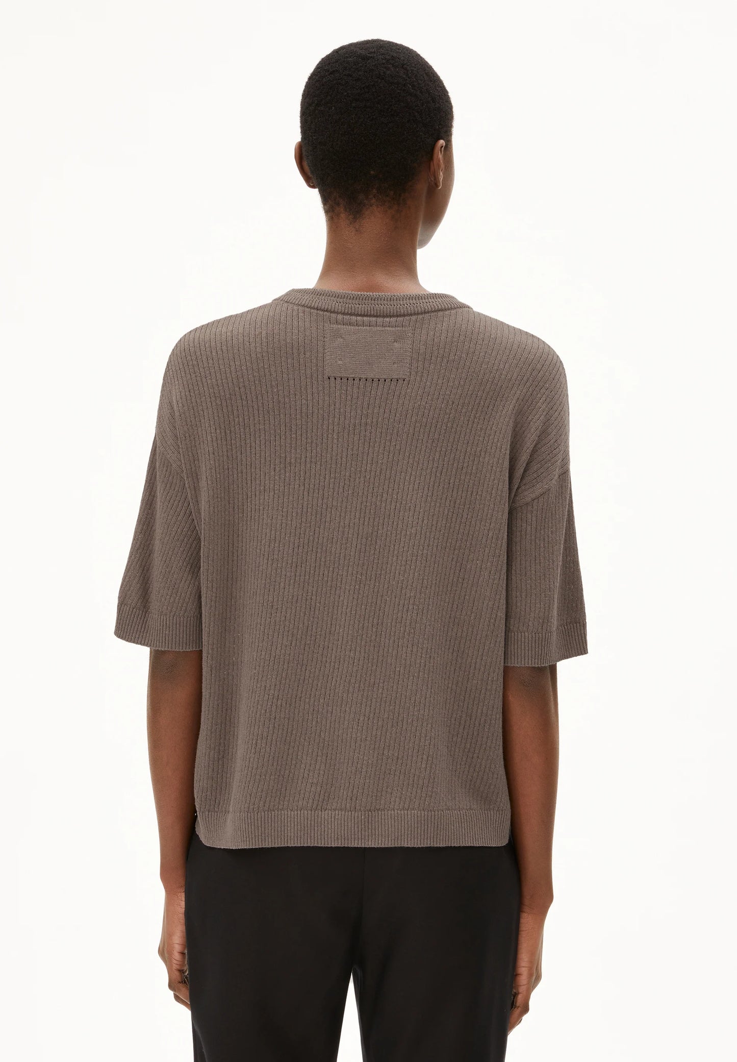 Back view of ARMEDANGELS Canada cozy knit top in earthy tones with a relaxed fit for casual styling in Kelowna and Canada