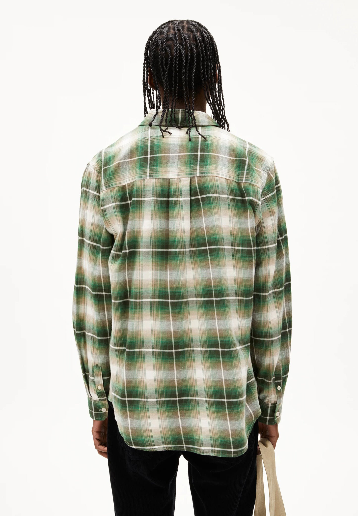 ARMEDANGELS Canada Men's long sleeve plaid shirt in green plaid pattern, shown from the back in Kelowna and Canada