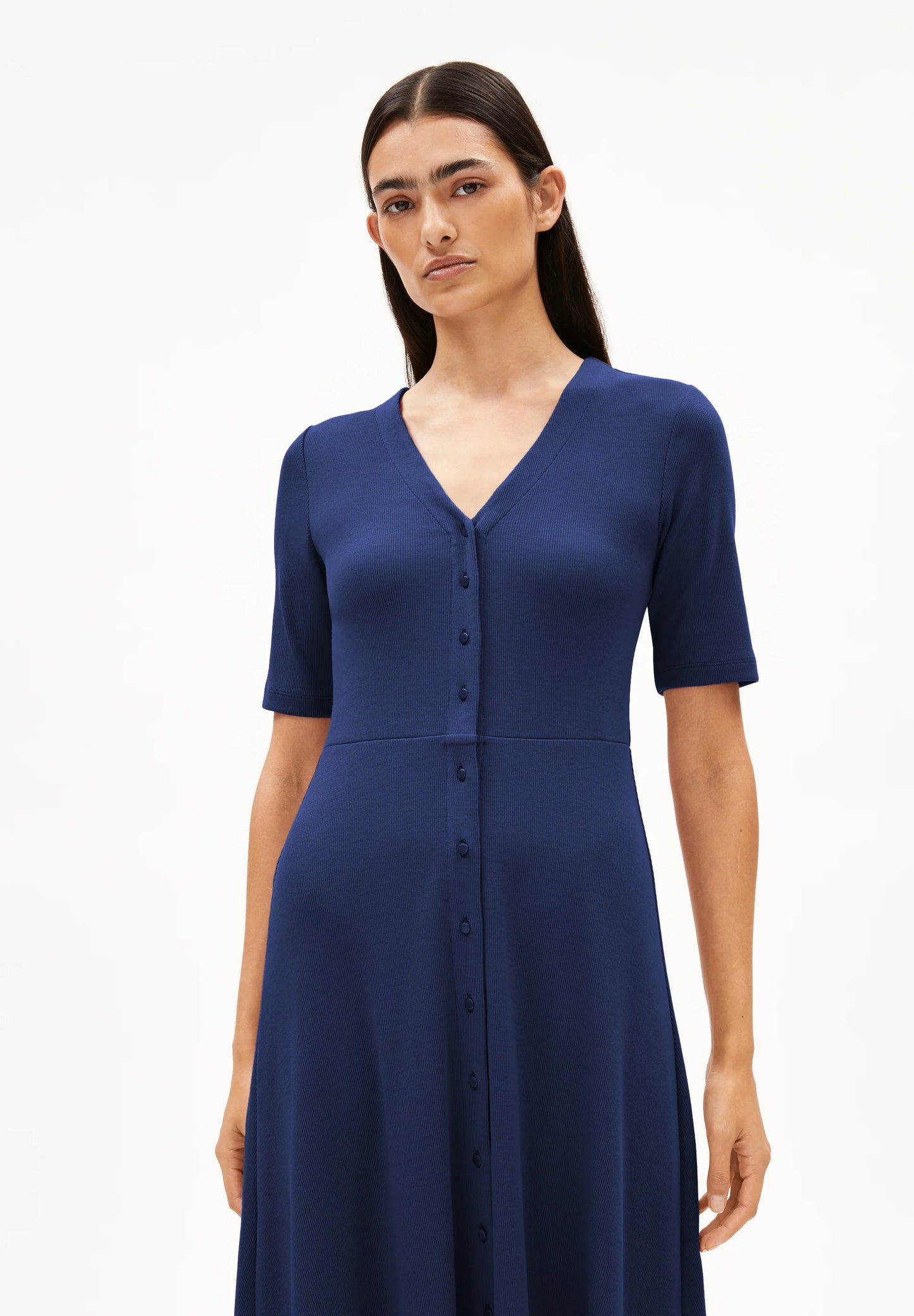 Navy blue ARMEDANGELS Canada midi dress with a V-neck and button-down front ideal for casual outings in Canada