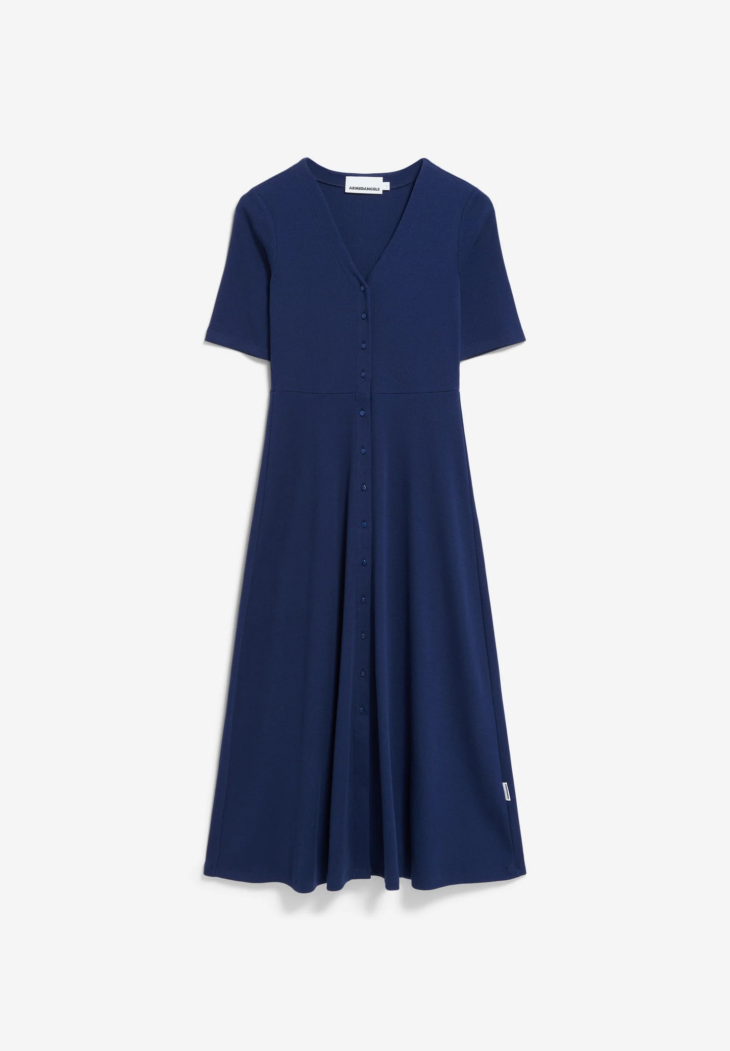 ARMEDANGELS Navy Button-Down Midi Dress with Short Sleeves and Flared Skirt for Casual Wear