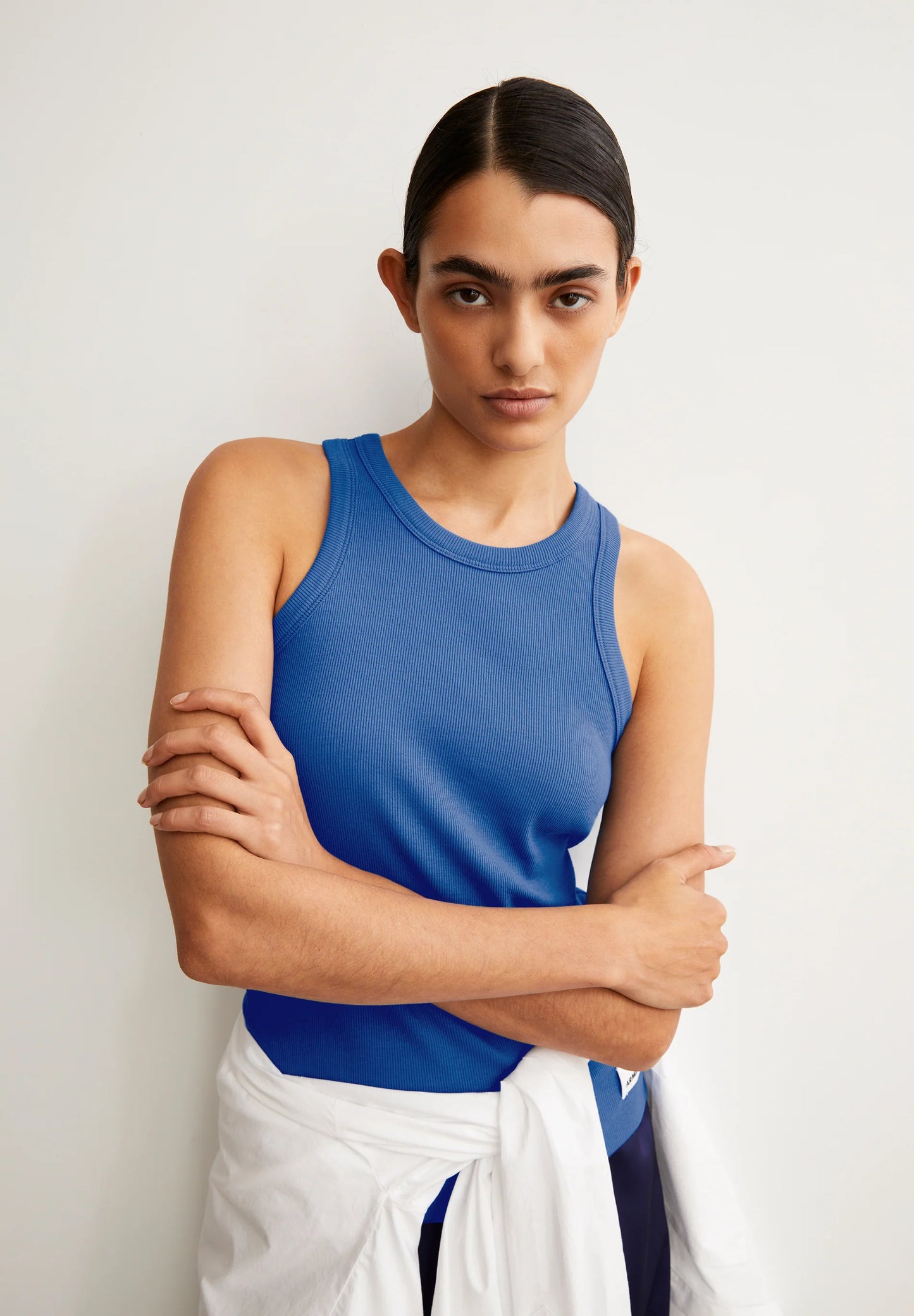 ARMEDANGELS Canada ribbed tank in blue, perfect for layering or casual wear in Kelowna and Canada