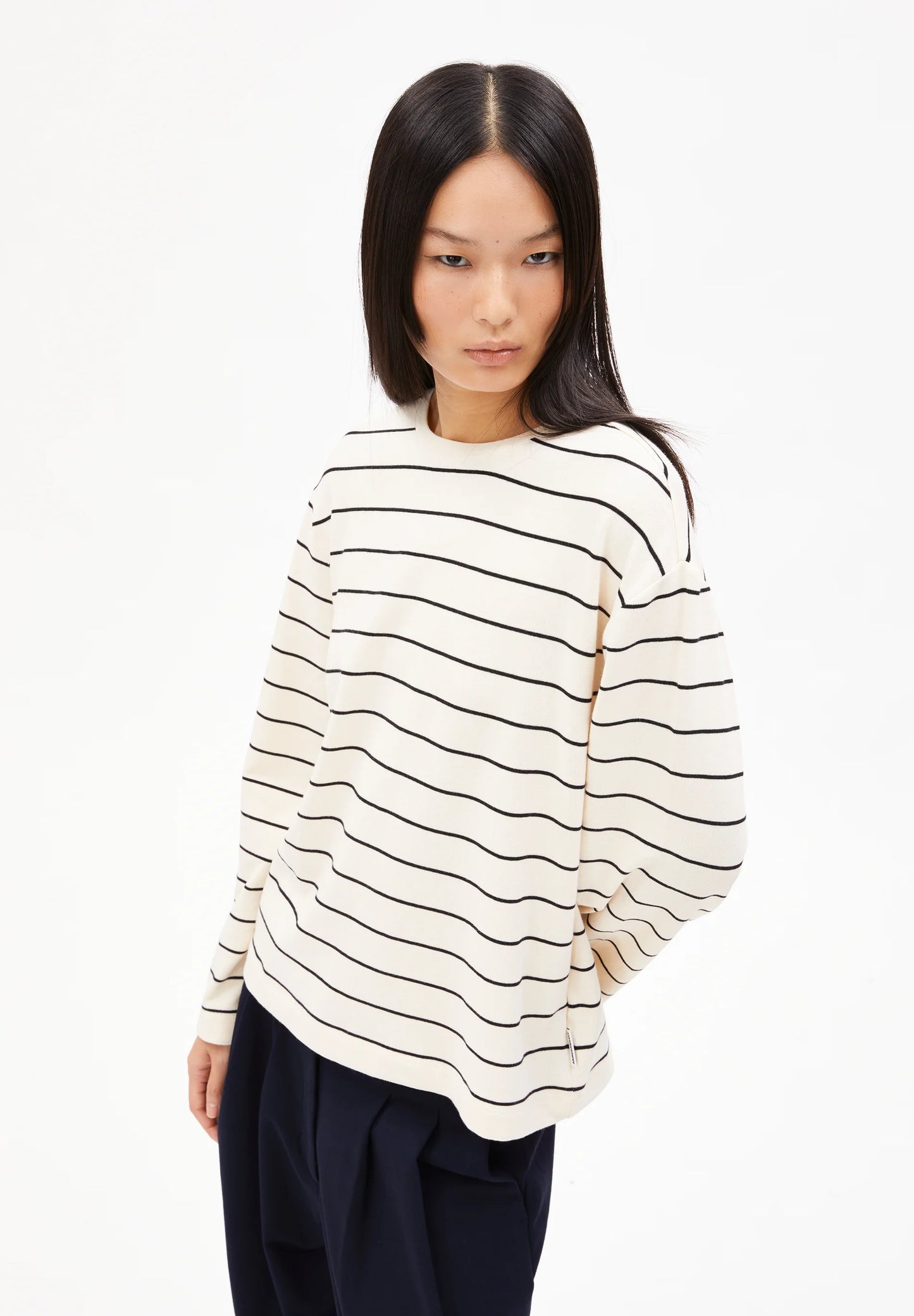 ARMEDANGELS Canada striped shirt in cream with black stripes, featuring a relaxed fit for casual styling