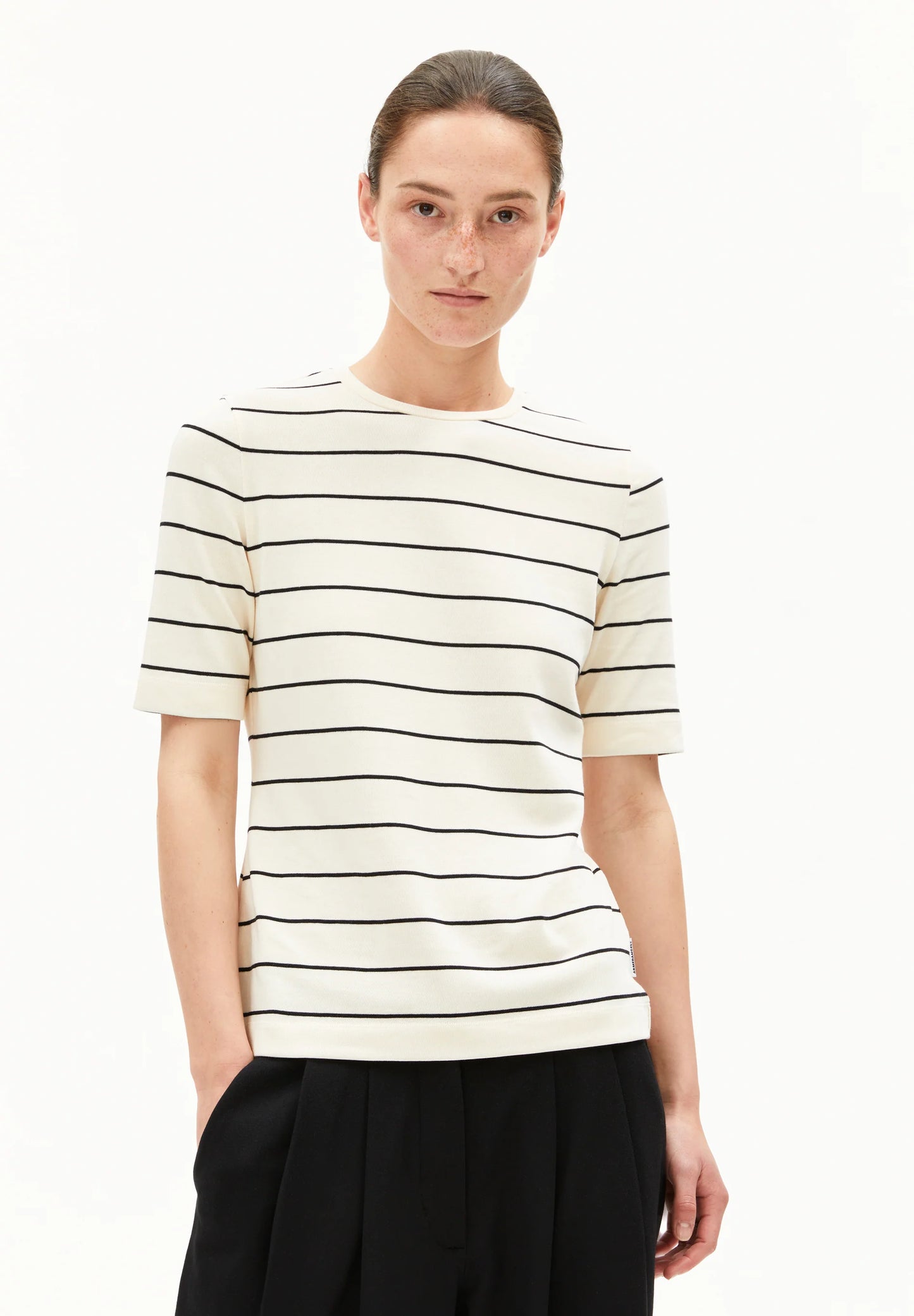 ARMEDANGELS Canada women's striped t-shirt in cream with black stripes, perfect for casual wear in Kelowna and Canada