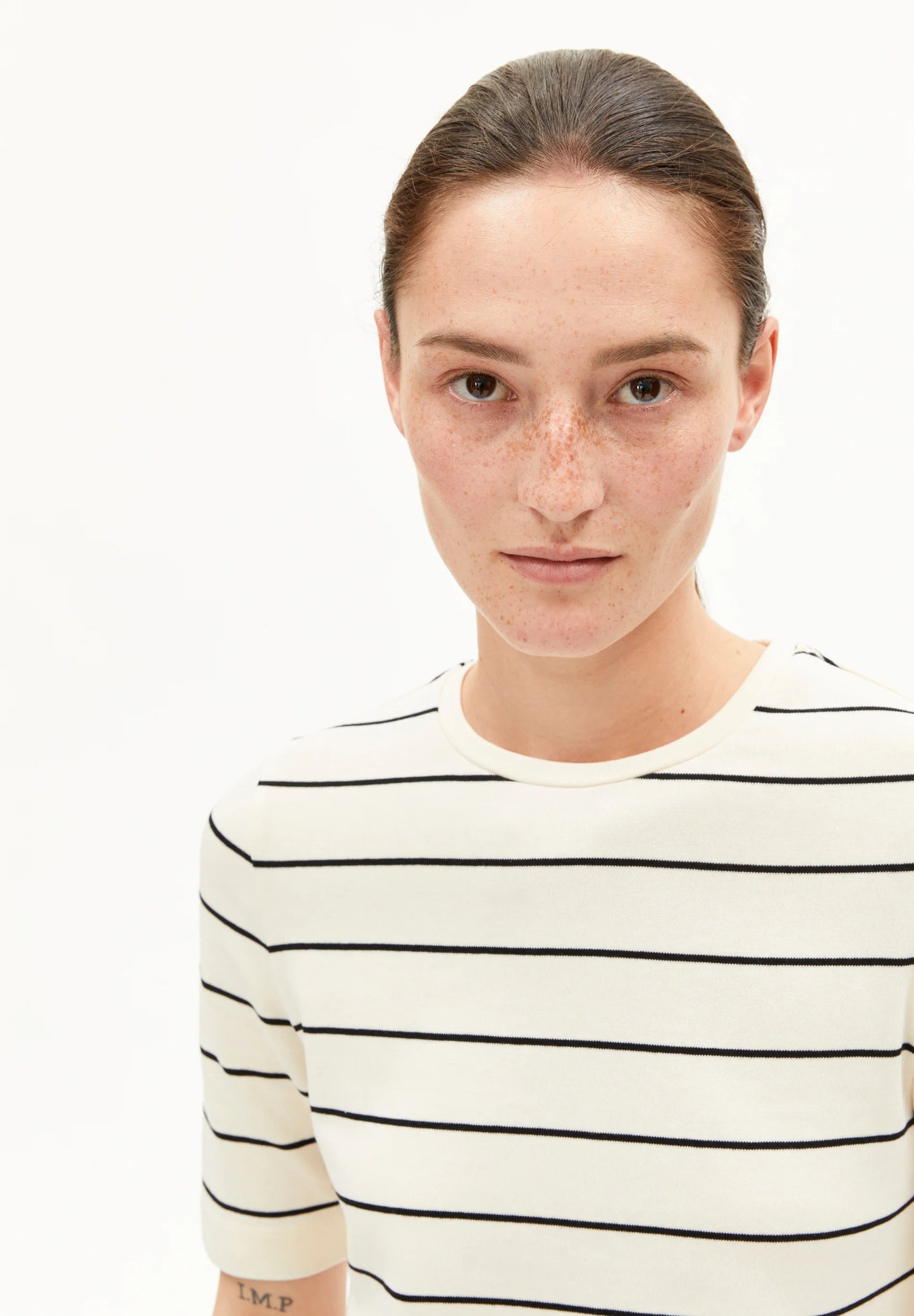 ARMEDANGELS Canada Striped t-shirt in cream with black stripes, perfect for casual wear in Kelowna and Canada