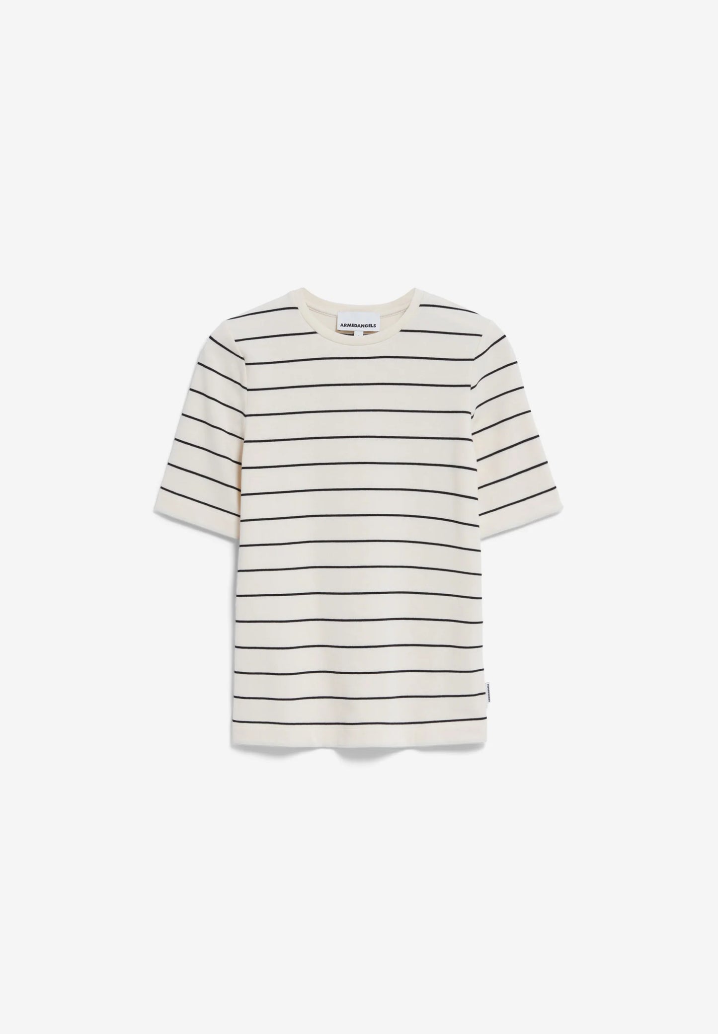 ARMEDANGELS Canada Striped t-shirt in cream with black stripes, perfect for casual wear in Kelowna and Canada.