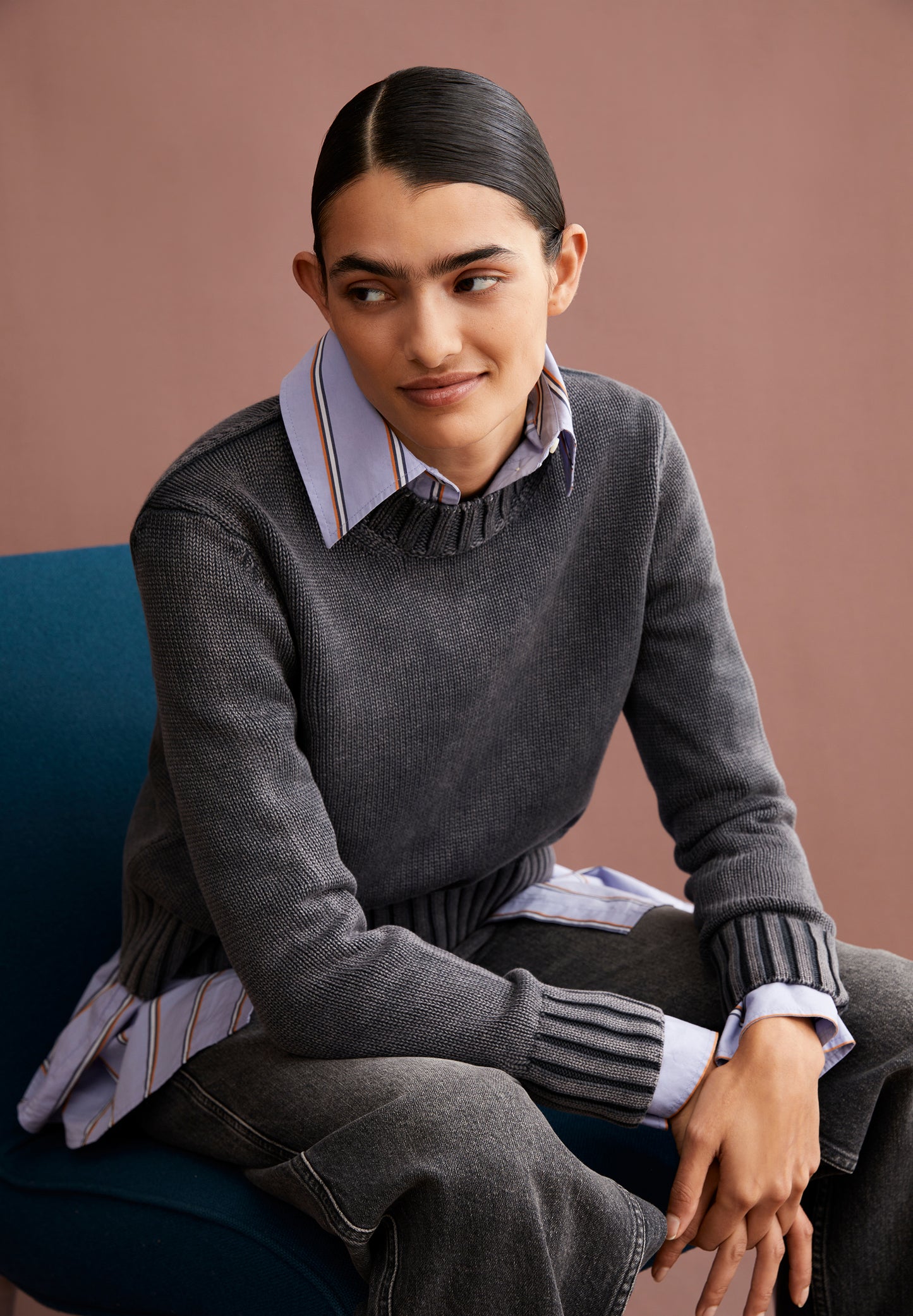 ARMEDANGELS Canada gray sweater with ribbed hem, layered over a striped shirt for a stylish look in Canada