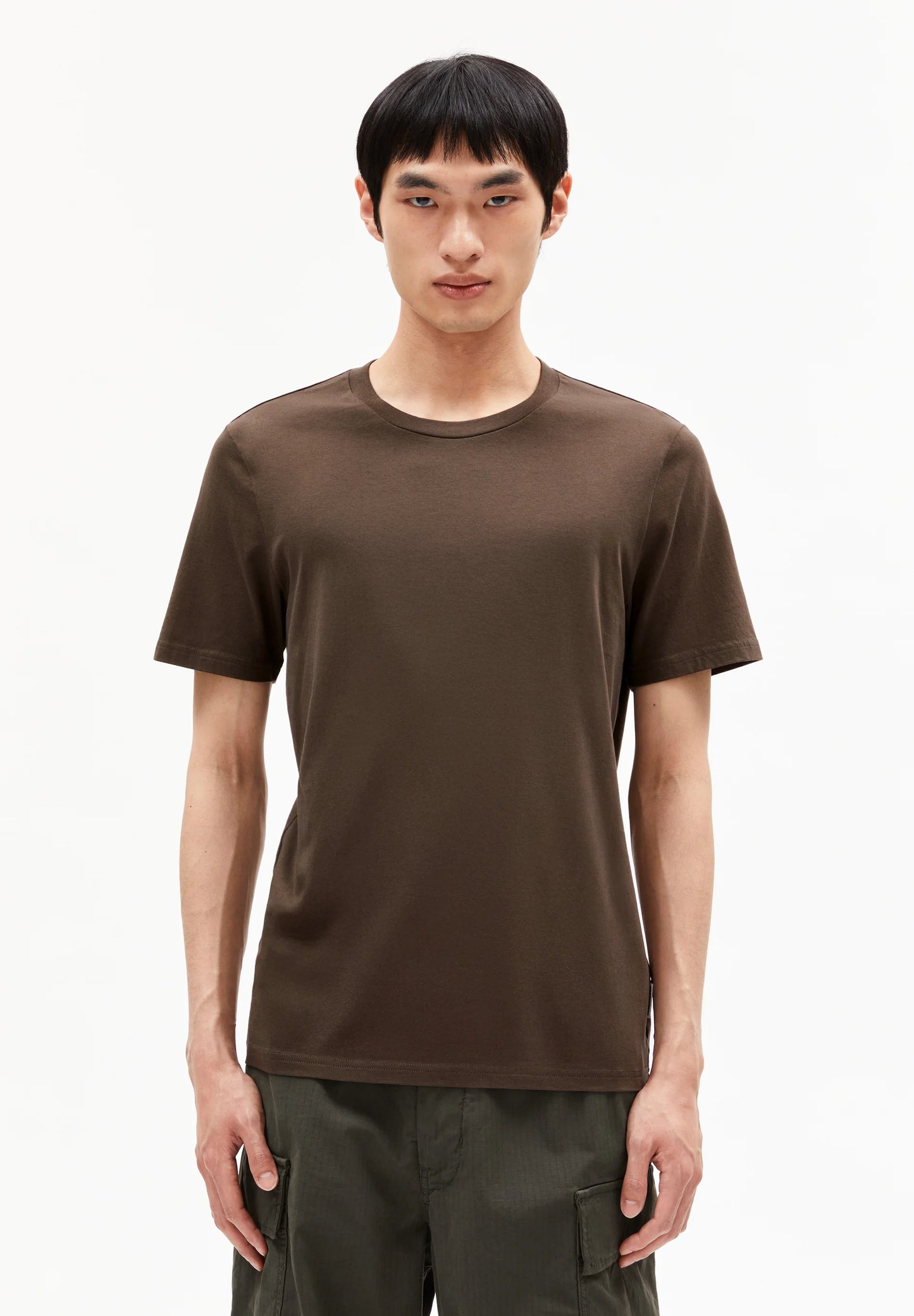 Men's t-shirt by ARMEDANGELS in brown, featuring a classic fit and soft fabric for casual wear in Kelowna