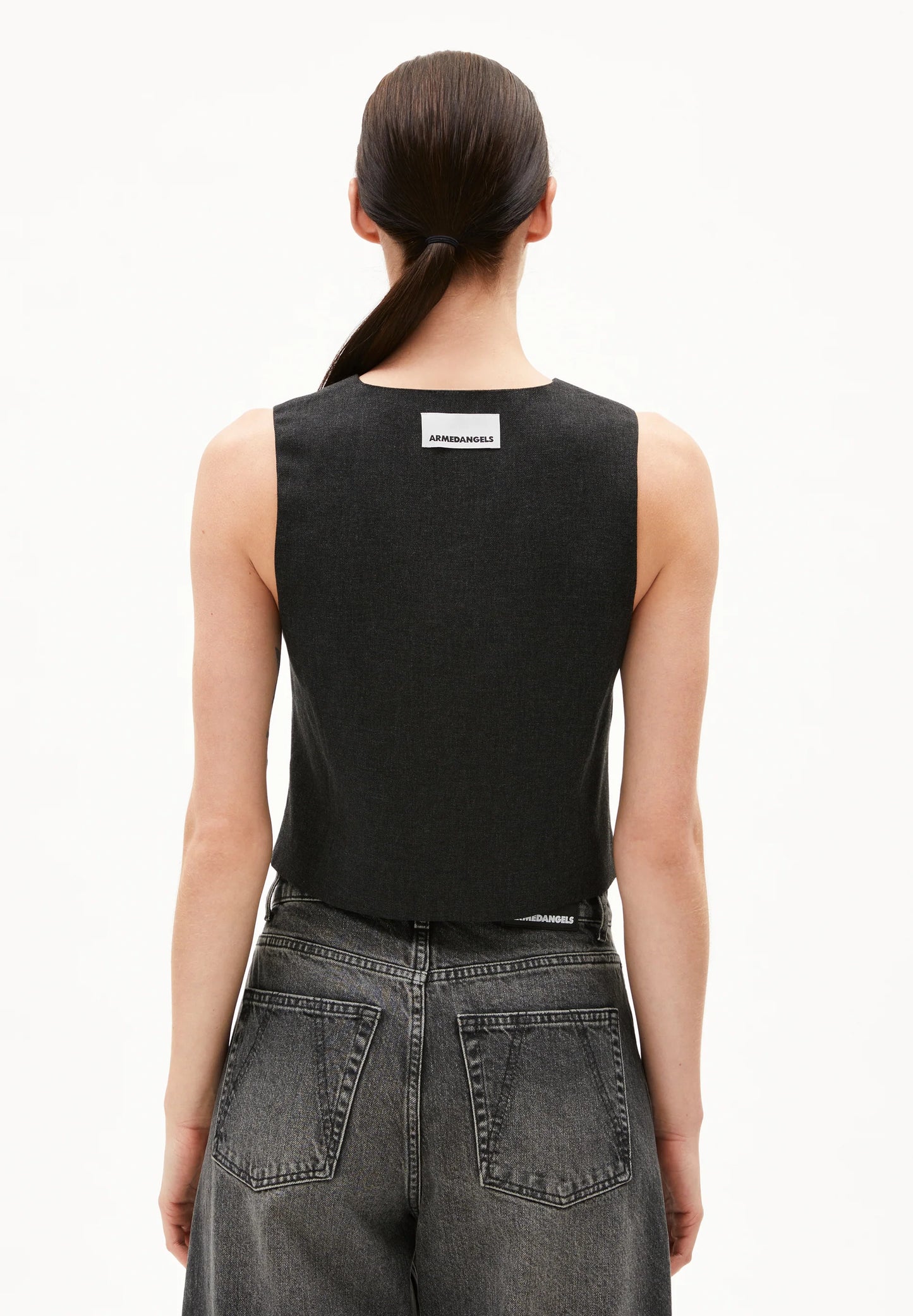 ARMEDANGELS Canada Black Denim Vest with a Minimalist Design and Tag Detail on the Back in Kelowna