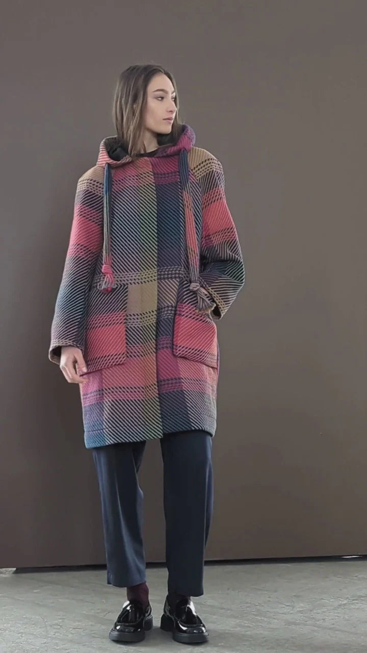 Colorful plaid coat by BodyBag by Jude featuring a hood and oversized fit for stylish warmth in Kelowna