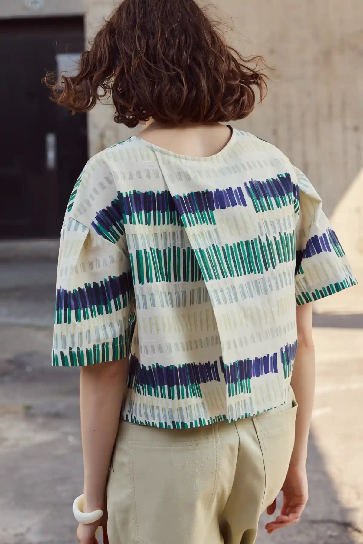 Eve Gravel Brooke top Striped Top in Blue and Green with Short Sleeves and Relaxed Fit