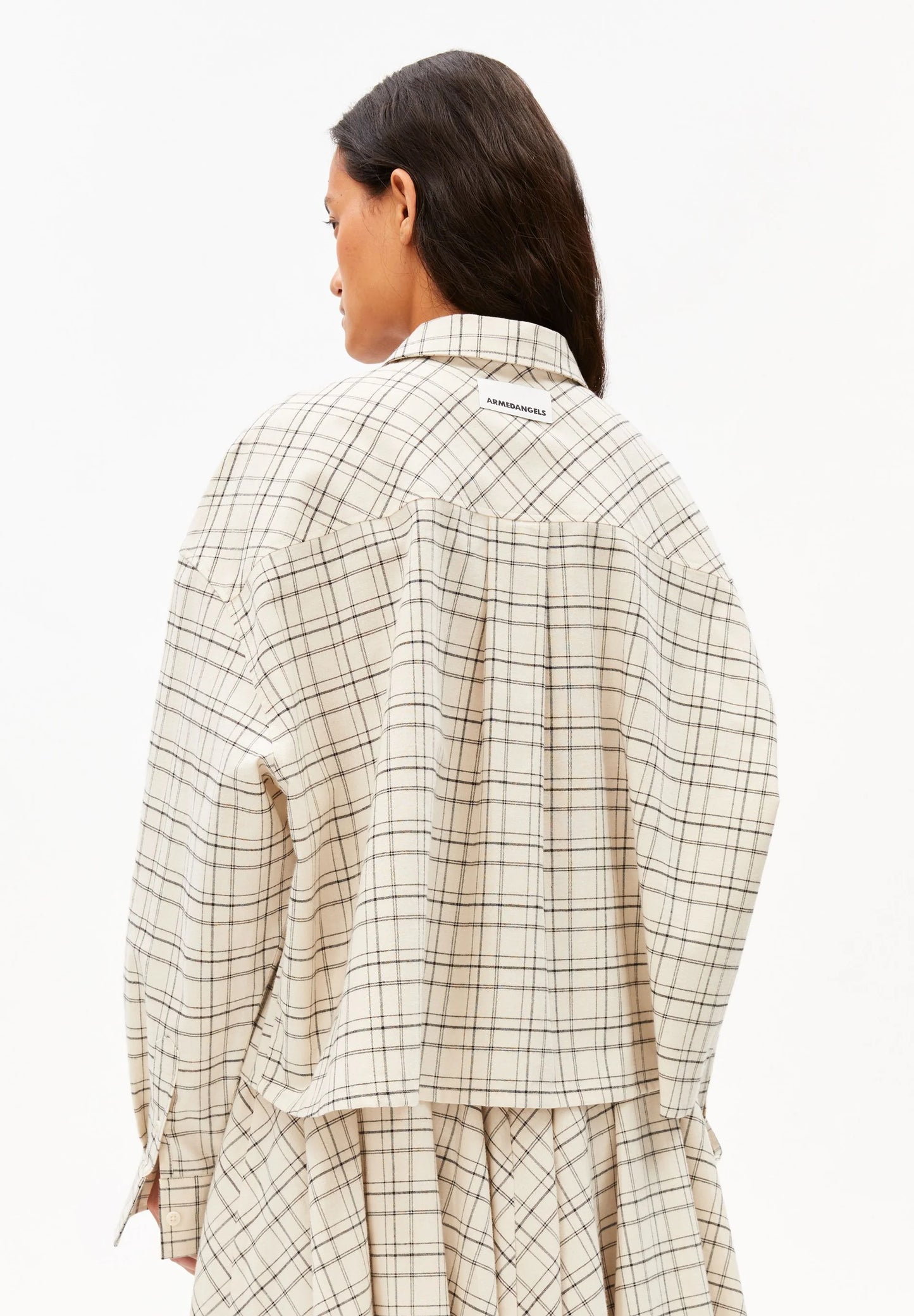 ARMEDANGELS Canada - CHECK Boxy Blouse in Oatmilk-Black back view on model