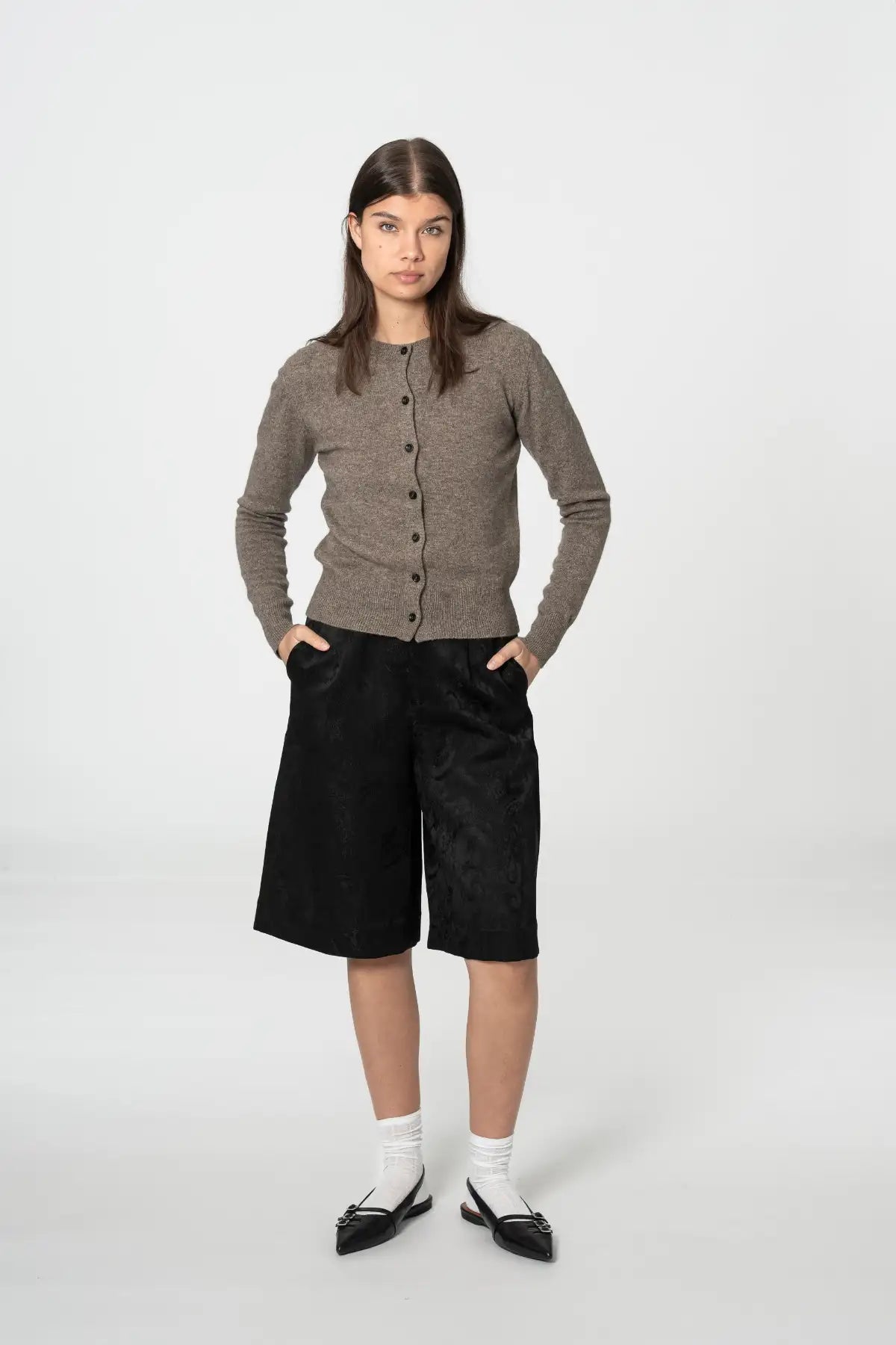 Dinadi women's cardigan in brown featuring a button-up design, perfect for layering in any season in Kelowna and Canada