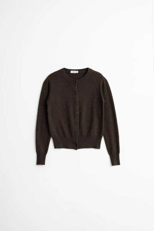 Dinadi dark brown cardigan with button closure and long sleeves for cozy layering in Kelowna and Canada