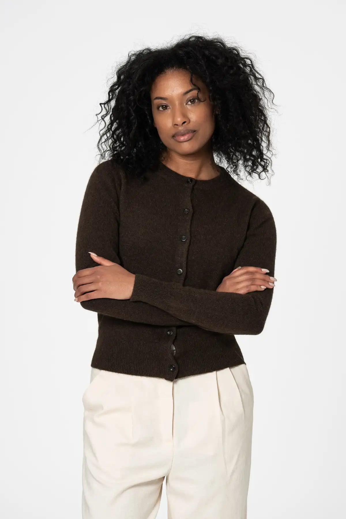Dinadi dark brown cardigan featuring a button-up front and a stylish fit for a cozy look in Kelowna and Canada