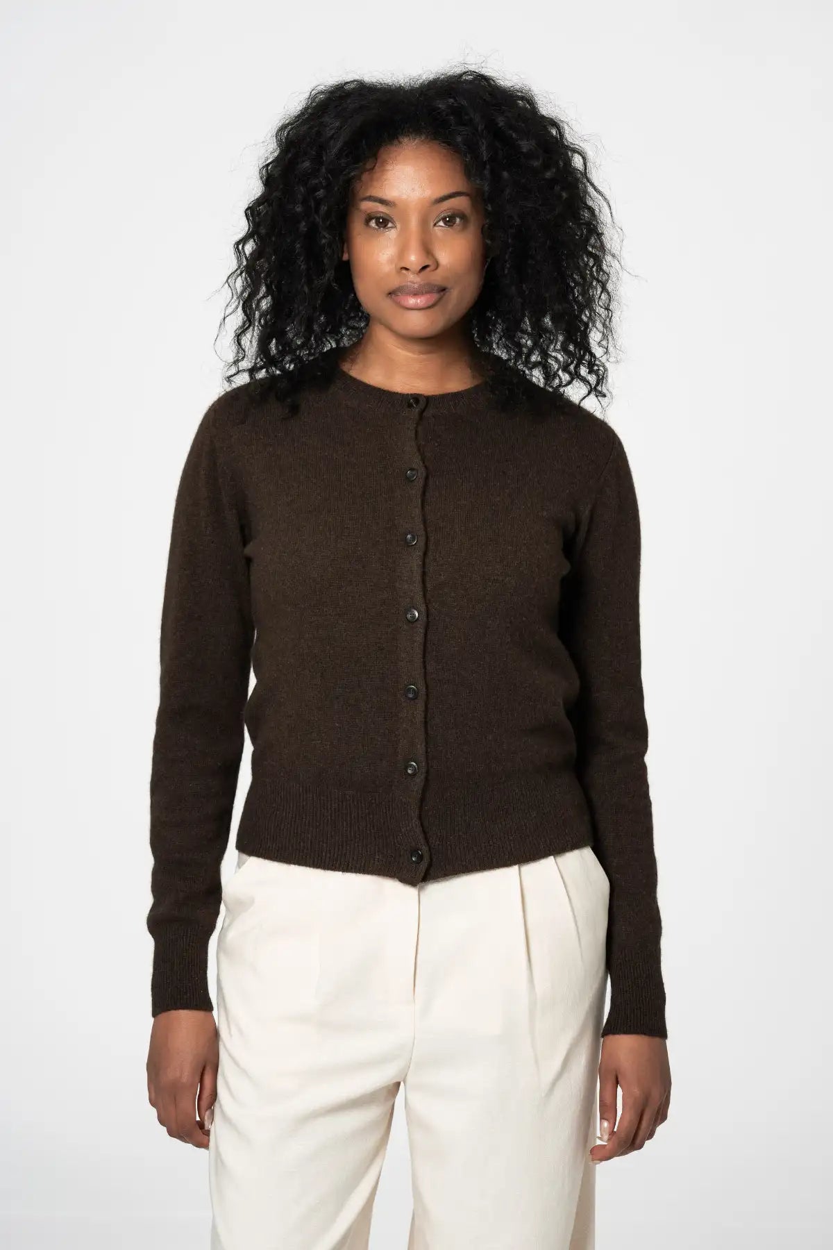 Dinadi dark brown cardigan featuring a button front and a cozy fit, perfect for casual layering in Kelowna and Canada