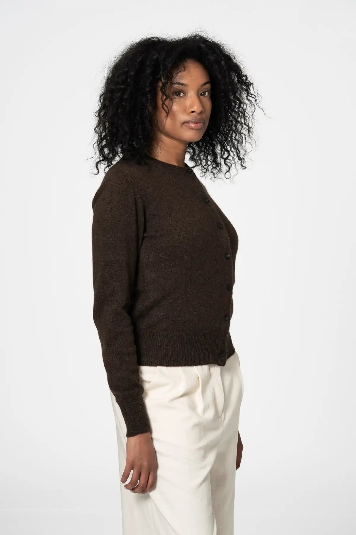 Dinadi dark brown cardigan with button front and soft knit fabric for a cozy fit in Kelowna and Canada