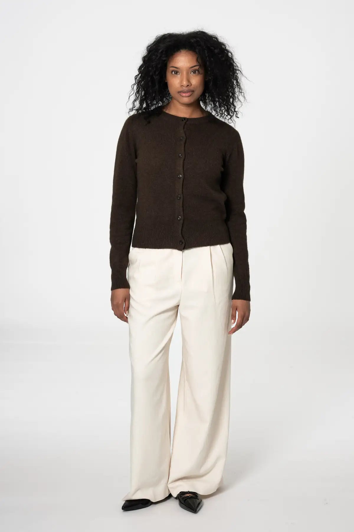Dinadi dark brown cardigan with button closure, perfect for casual or formal outfits in Kelowna and Canada