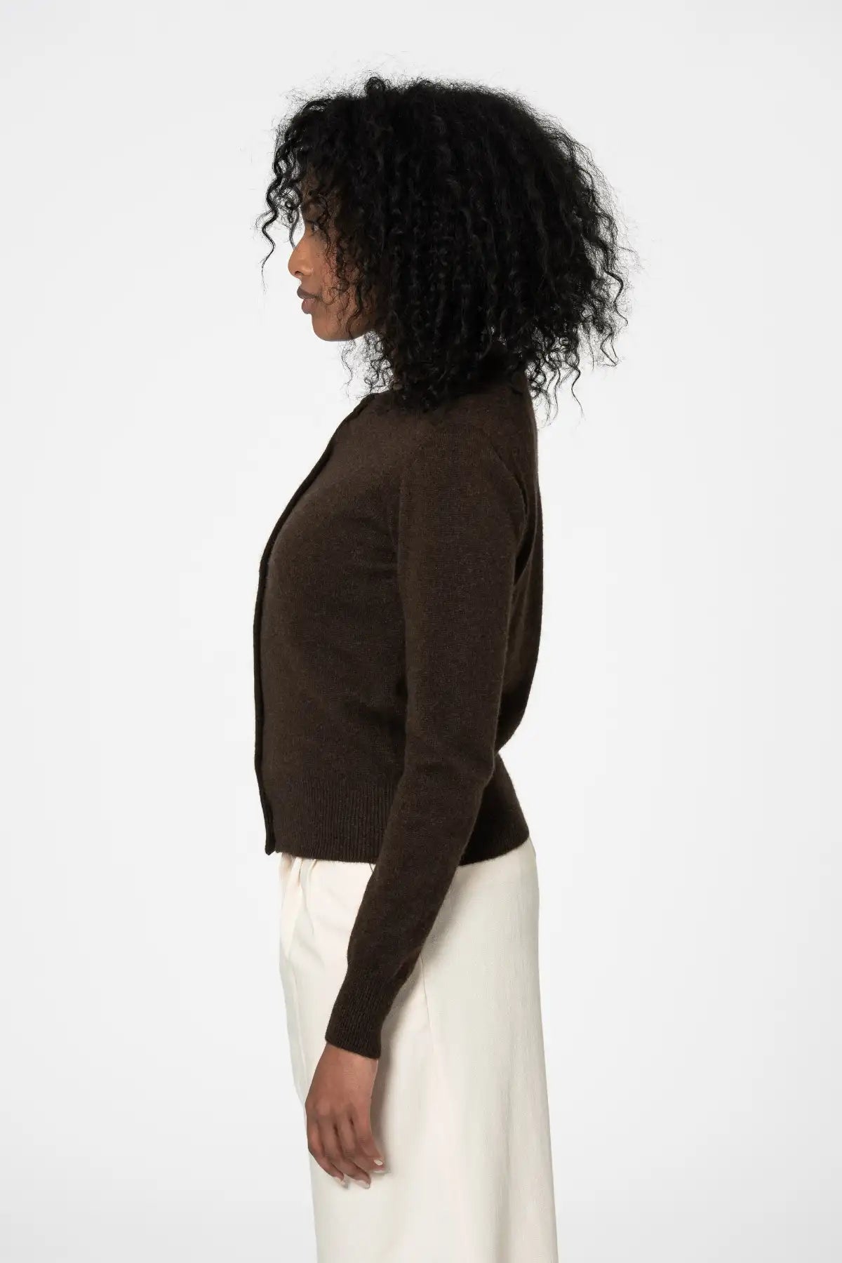 Dinadi dark brown cardigan with a fitted design and soft fabric, perfect for layering in Kelowna and Canada