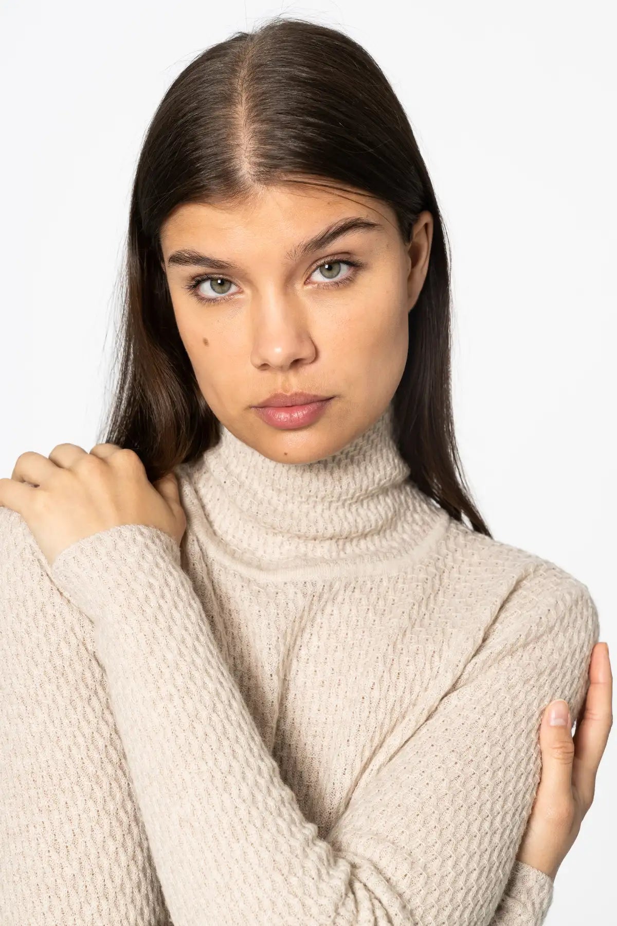 Dinadi merino turtleneck sweater in beige with ribbed texture and high collar design in Kelowna and Canada