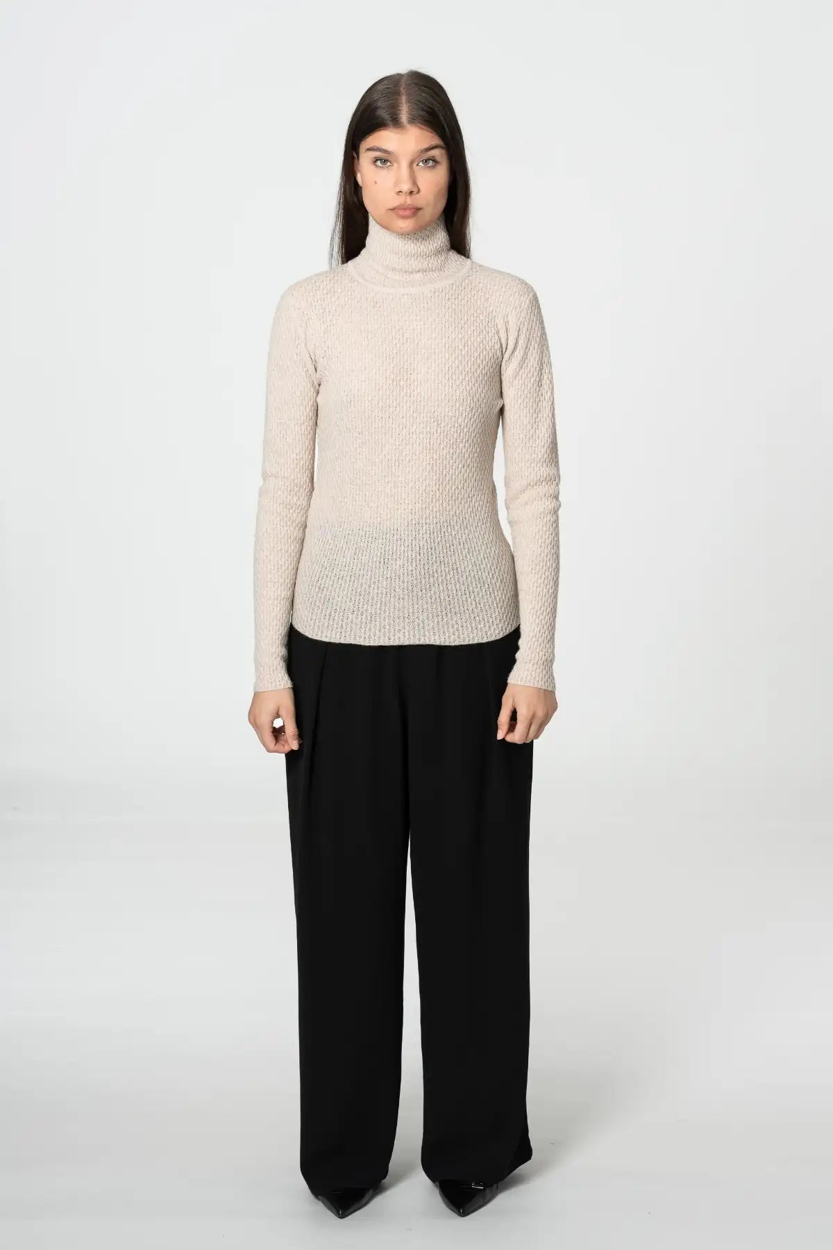 Dinadi merino turtleneck in beige, featuring a fitted design and long sleeves for a stylish look in Kelowna and Canada