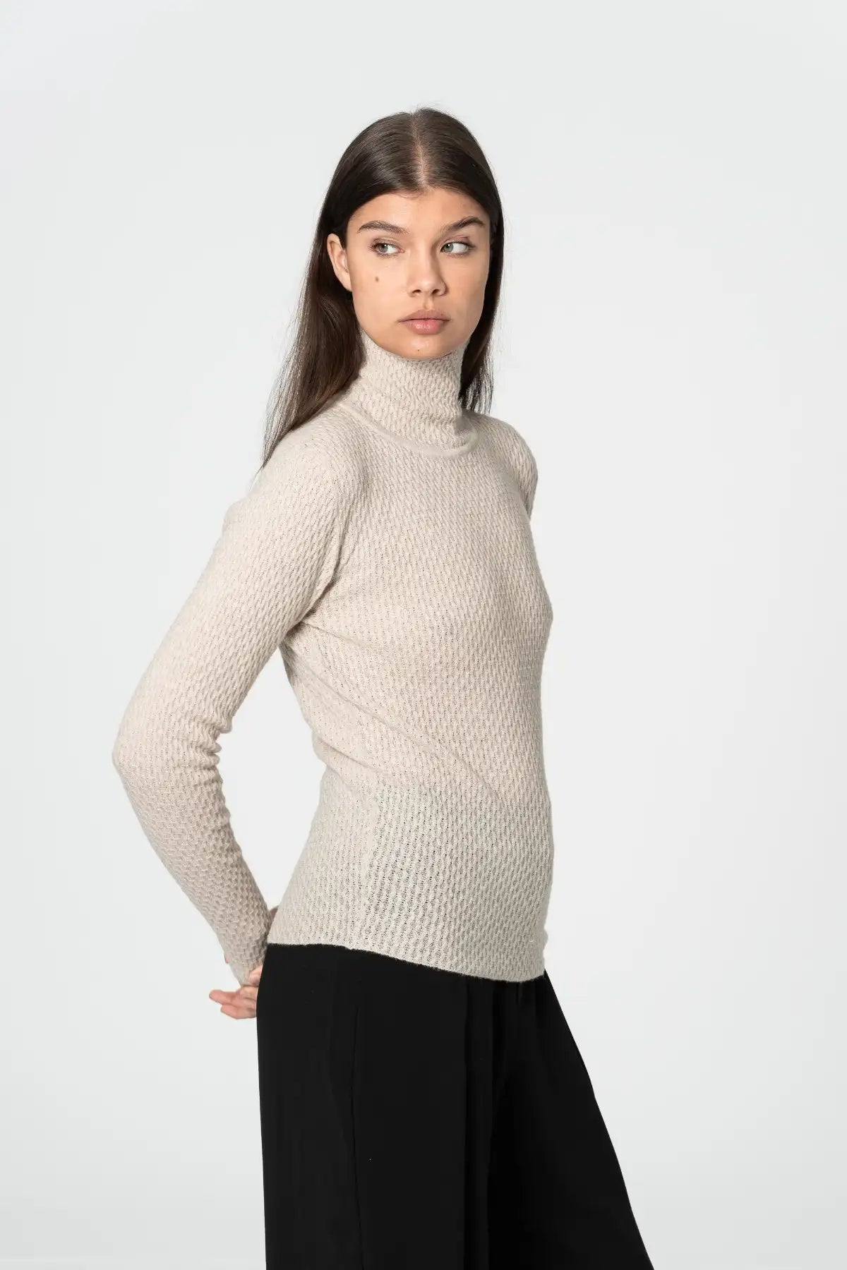 Dinadi Merino Turtleneck Sweater in Light Beige with a Fitted Silhouette for Comfort in Kelowna and Canada
