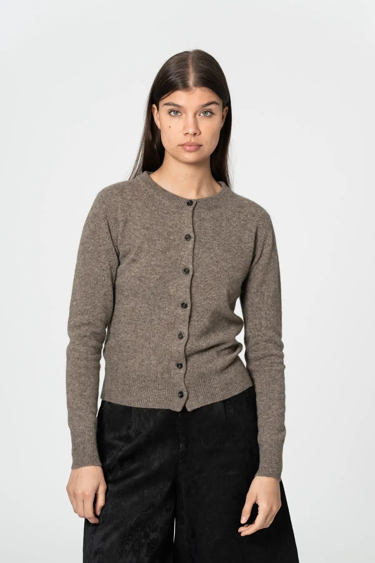 Dinadi women's cardigan in warm brown with long sleeves and button-up front in Kelowna and Canada