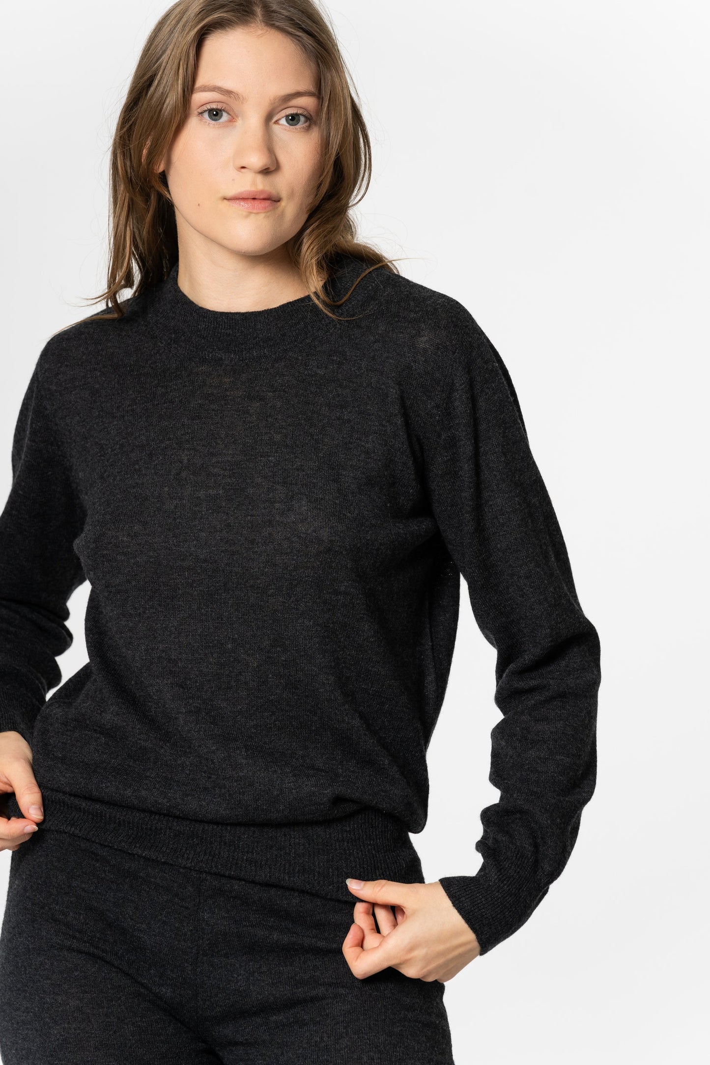 Dinadi women's merino wool sweater in dark gray with a classic fit for warmth and comfort in Kelowna and Canada