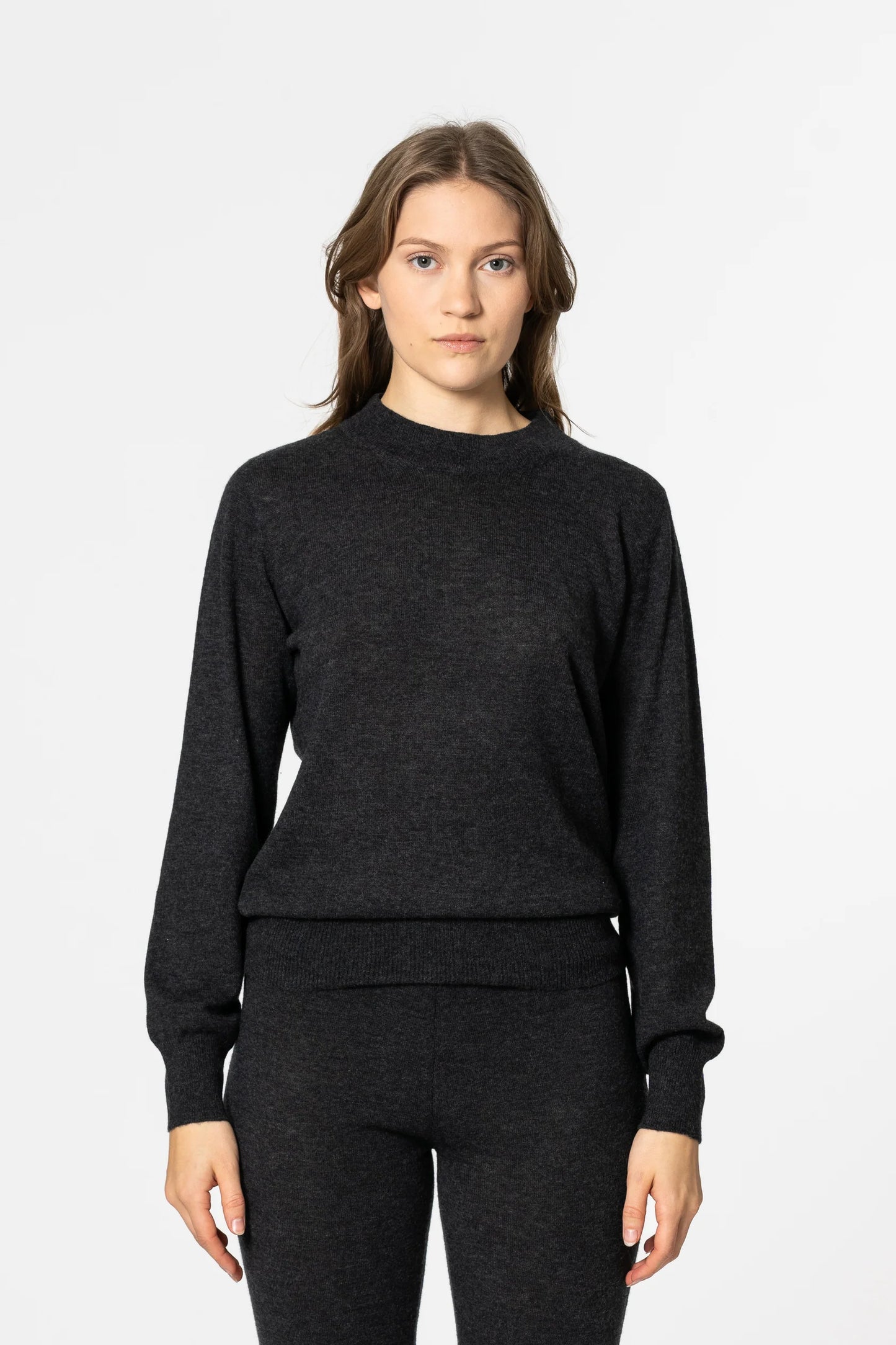 Dinadi women's merino wool sweater in dark gray with a classic fit and soft texture in Kelowna and Canada