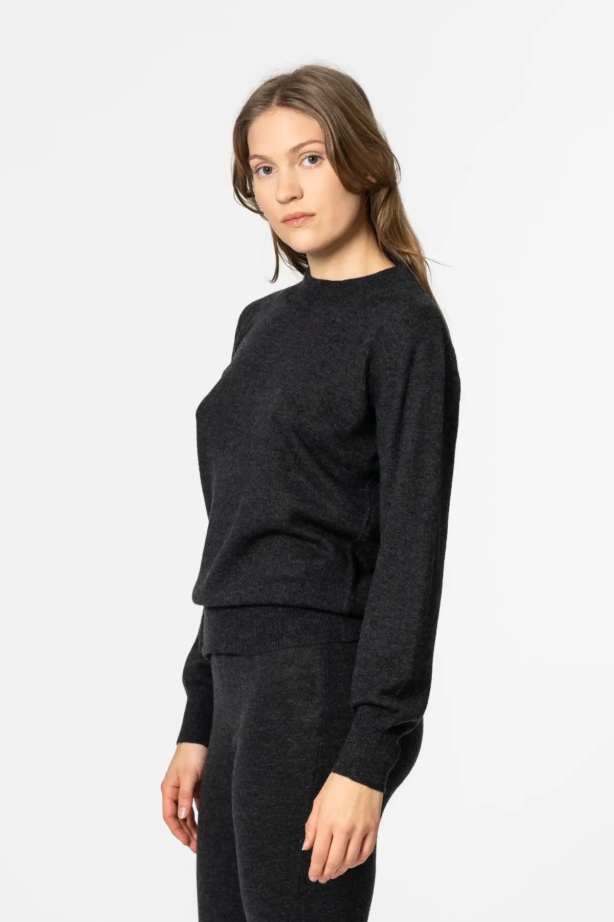 Dinadi women's merino wool sweater in dark gray with a relaxed fit and long sleeves in Kelowna and Canada