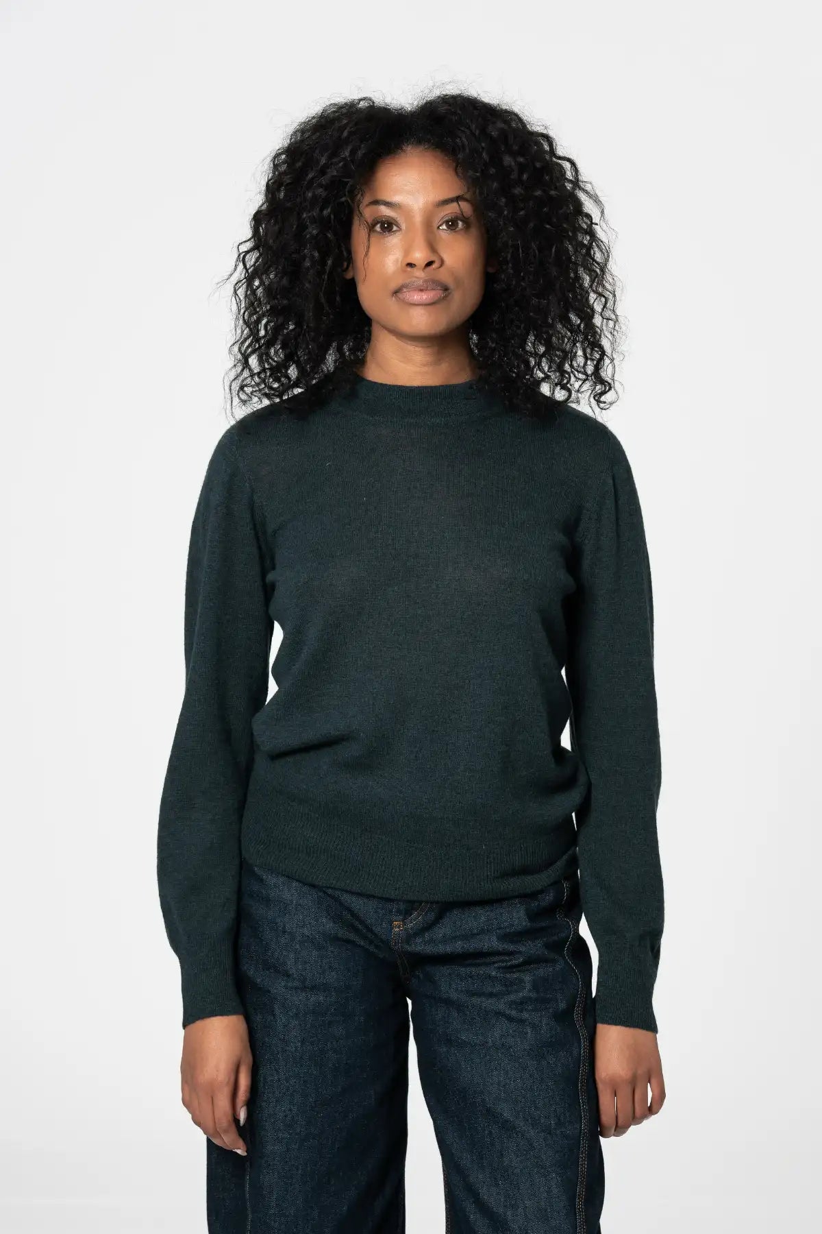 Dinadi womens merino wool sweater in dark green with a classic fit and soft texture in Kelowna and Canada