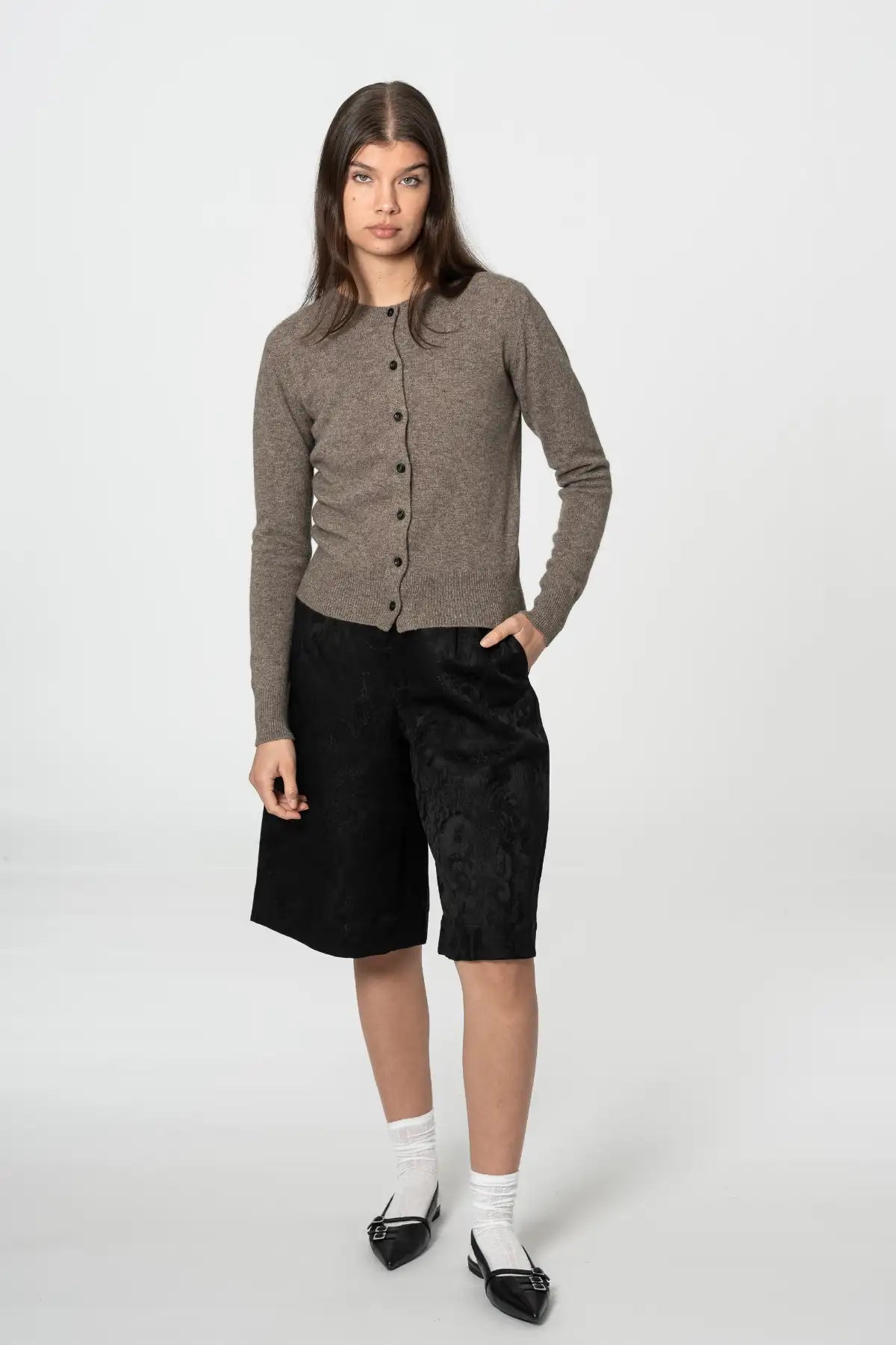 Dinadi lightweight cardigan in taupe with button-up front, styled with black shorts and white socks in Kelowna and Canada