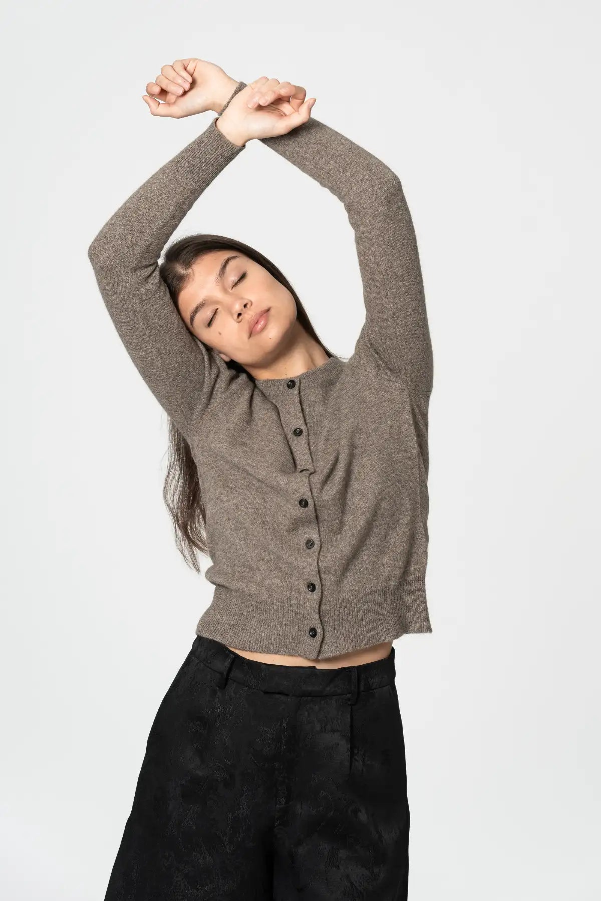 Dinadi light brown cardigan featuring button closure and stylish fit for comfortable layering in Kelowna and Canada