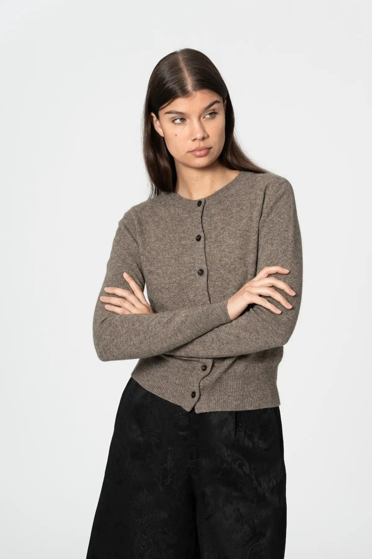 Dinadi cozy brown cardigan featuring button detailing and a soft wool blend for everyday wear in Kelowna and Canada