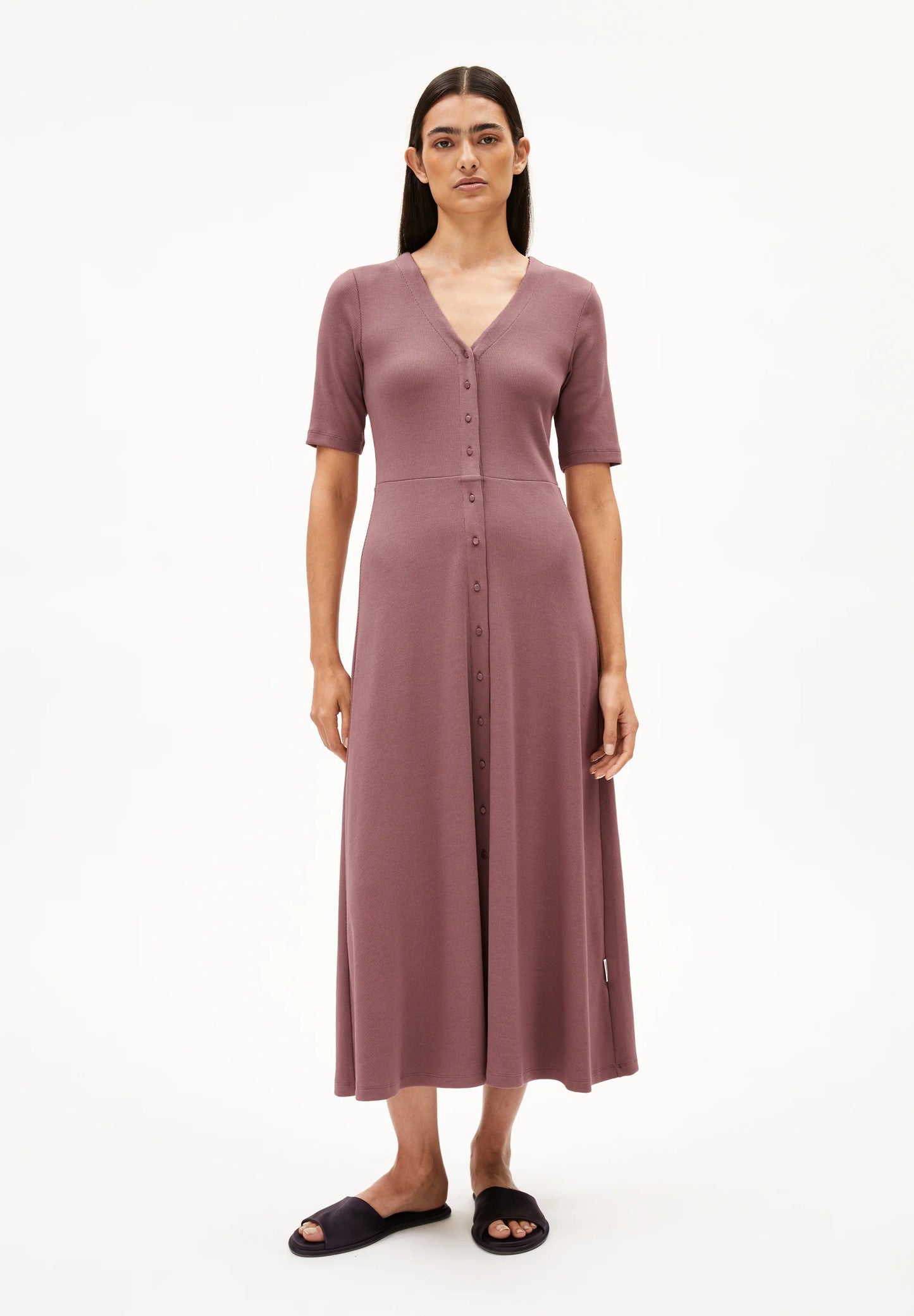 ARMEDANGELS Canada Mauve Button-Up Midi Dress with Short Sleeves and V-Neckline for a Chic Look in Canada