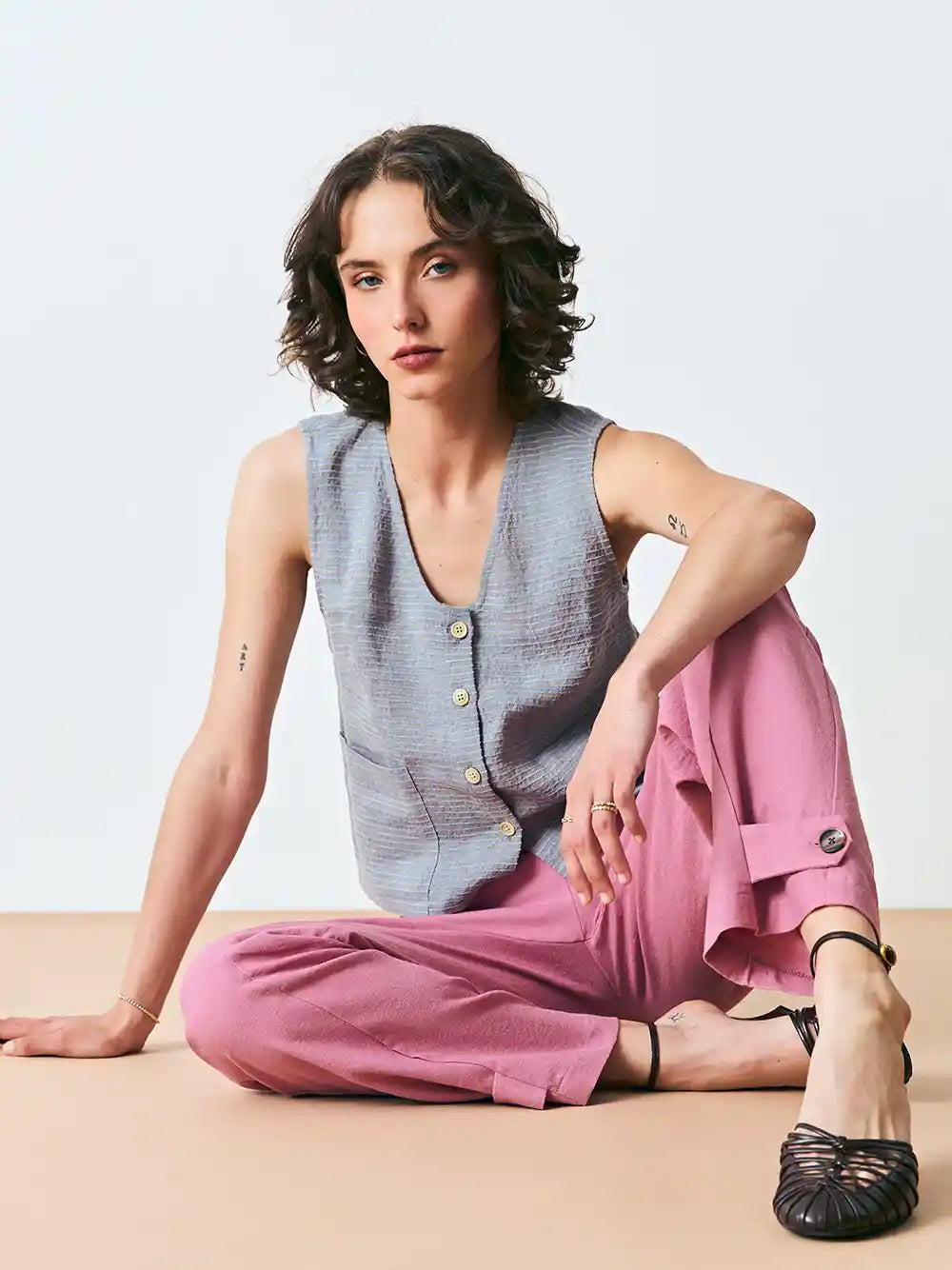 Galley Button Up in Digital Mist Linen - Dagg & Stacey