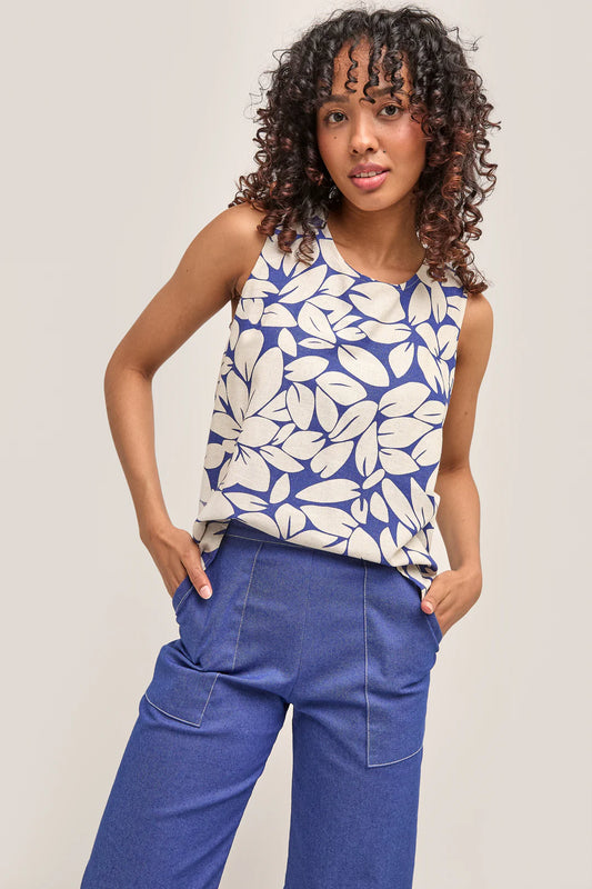 Marigold Montreal sleeveless floral printed tank in navy and cream paired with high waist blue pants in Kelowna
