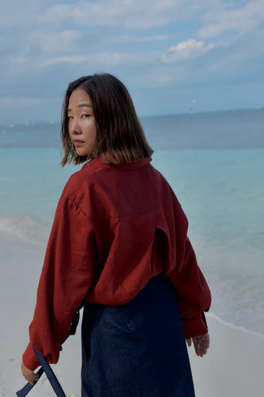 MAS Montréal Women's Rust Red Blouse with Open Back Design, Stylish for Beach Wear in Kelowna