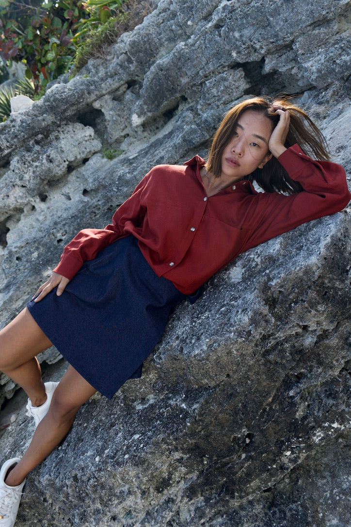 MAS Montréal Red Long-Sleeve Satin Top with Button Closure for Stylish Casual Wear in Kelowna