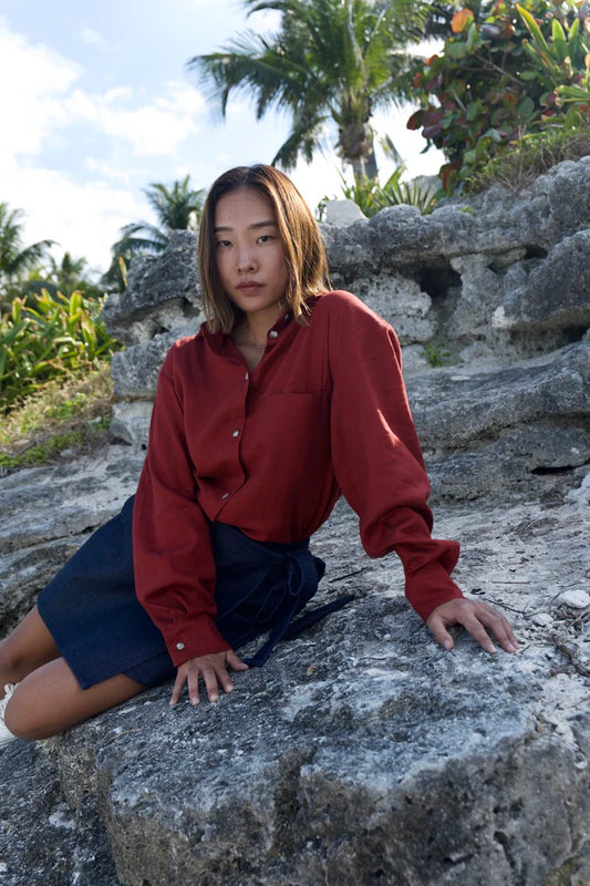 MAS Montréal Rust Colored Button-Up Blouse with Long Sleeves and Pocket, Styled with a Skirt in Kelowna