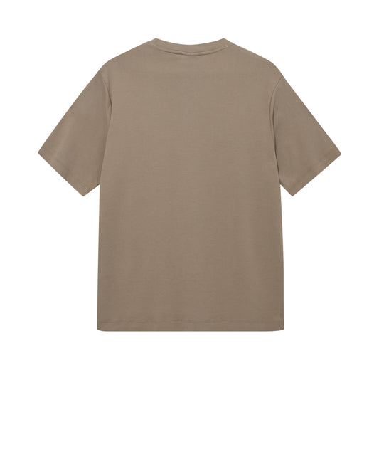 Mos Mosh Gallery mens taupe boxy short sleeve crew neck t-shirt back view in cotton in Kelowna