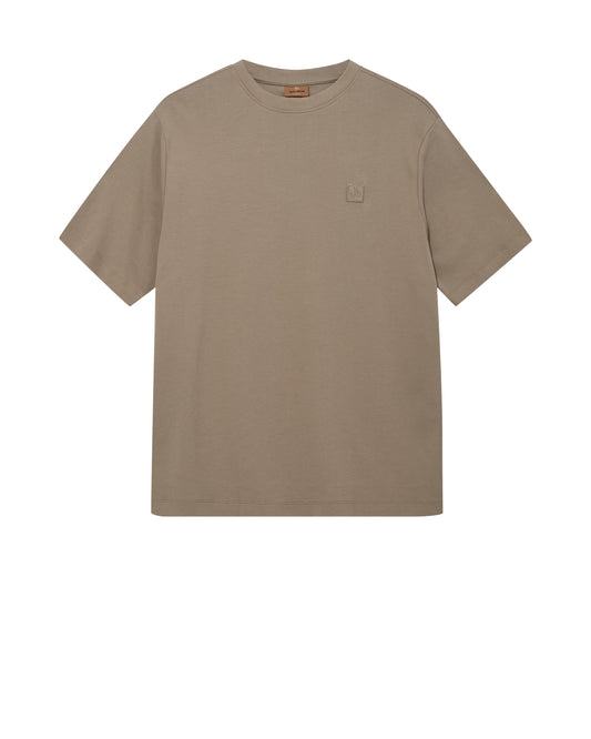 Mos Mosh Gallery mens beige crew neck cotton t-shirt with short sleeves and subtle chest logo in Kelowna
