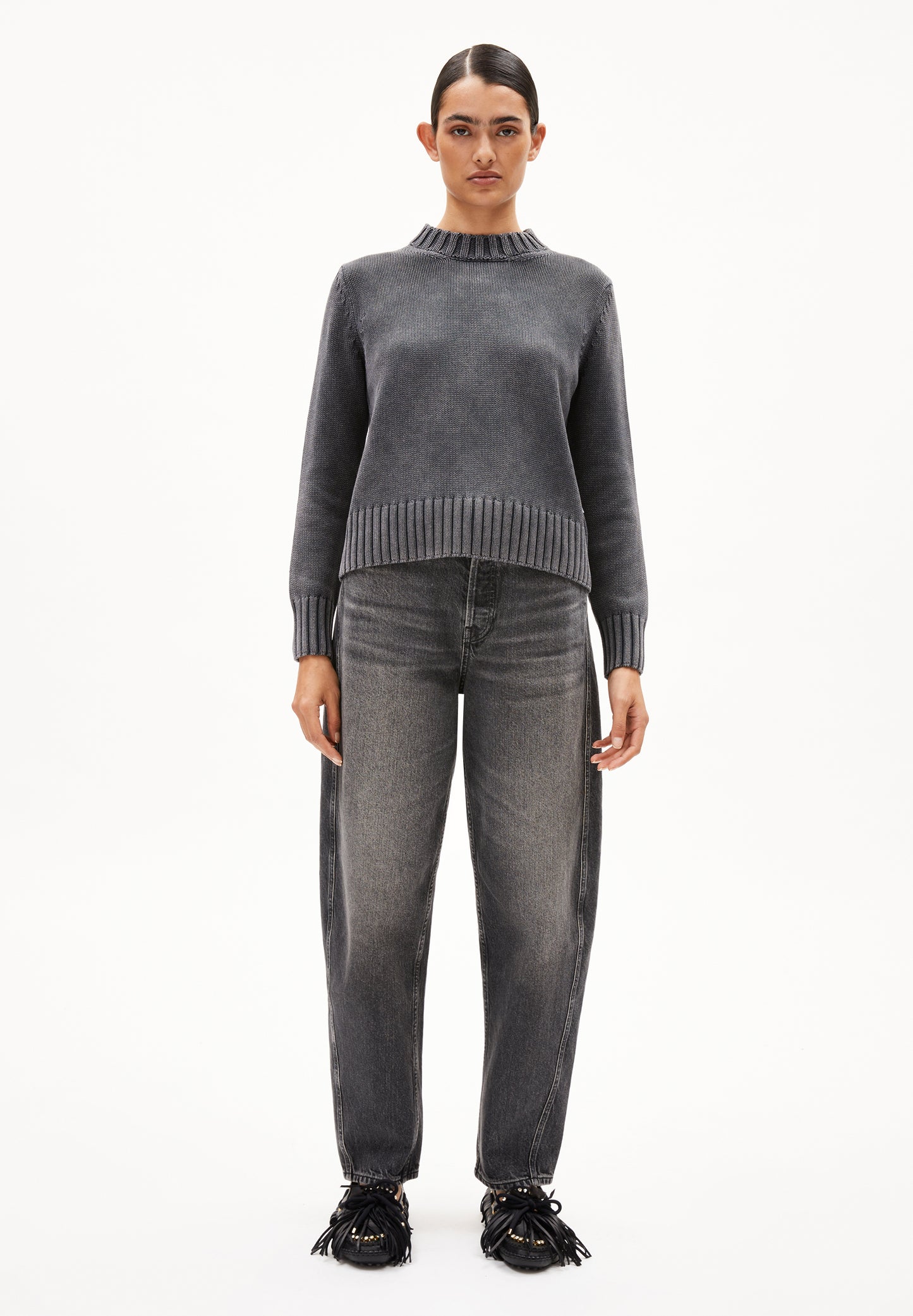 ARMEDANGELS Women's Grey Sweater with Ribbed Neck and Cuffs for Casual Style