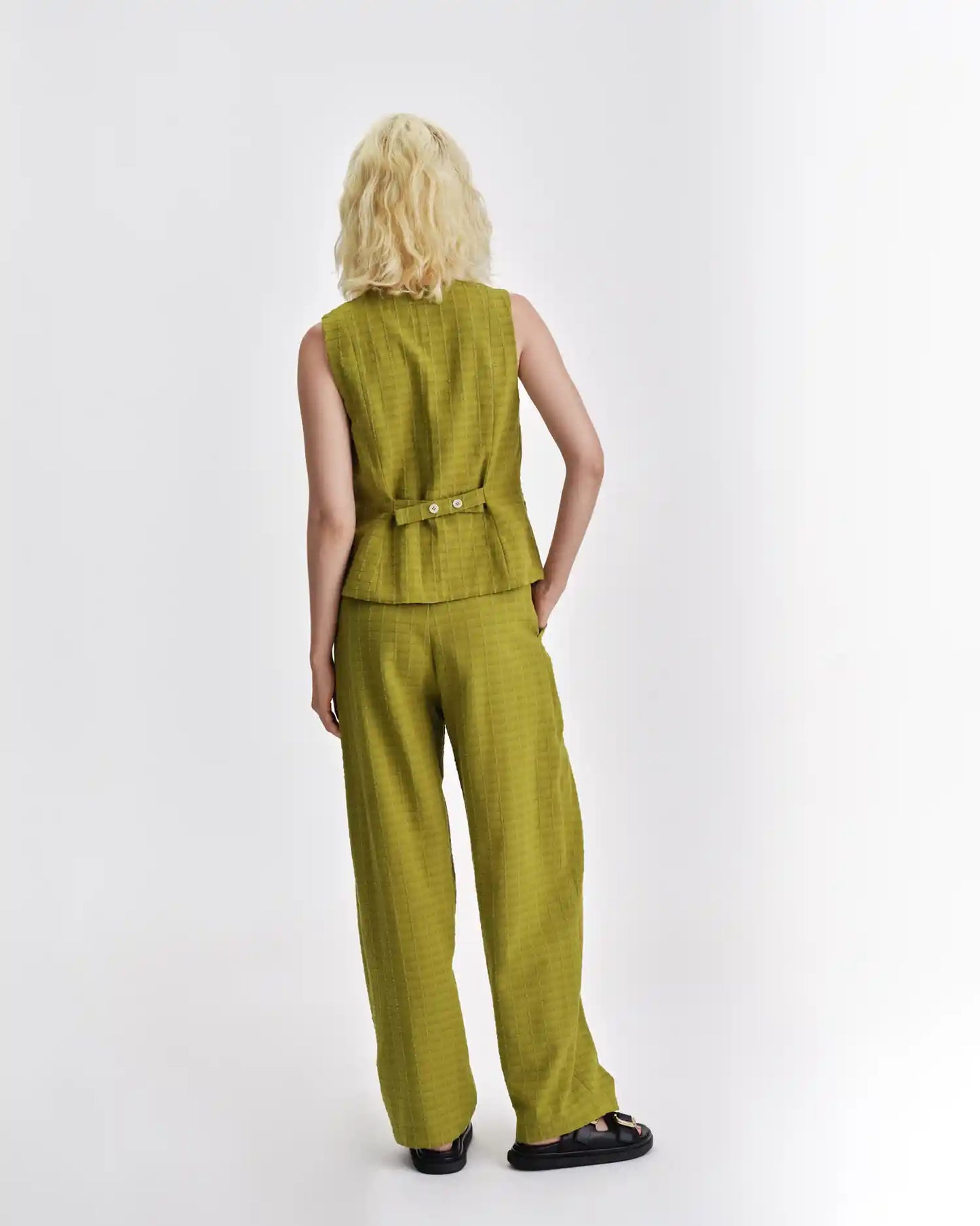 Green Cotton Vest by Jennifer Glasgow Design with a Stylish Back Detail for Modern Outfits