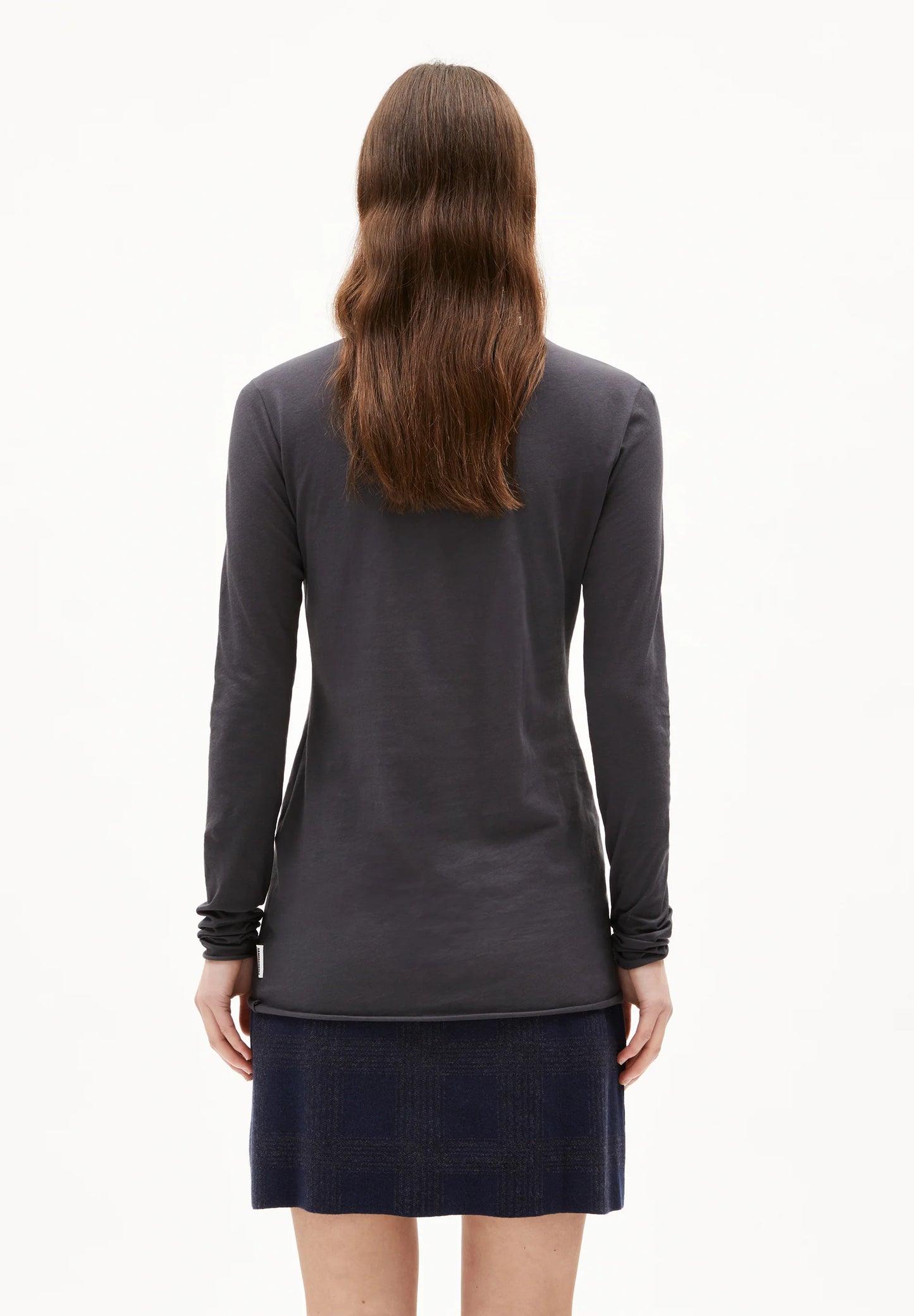 Back view of ARMEDANGELS Canada women's grey shirt with long sleeves in Kelowna
